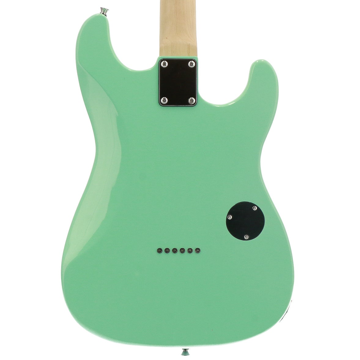 Achterkant van een mintgroene elektrische gitaar met nekverbinding en snaren.