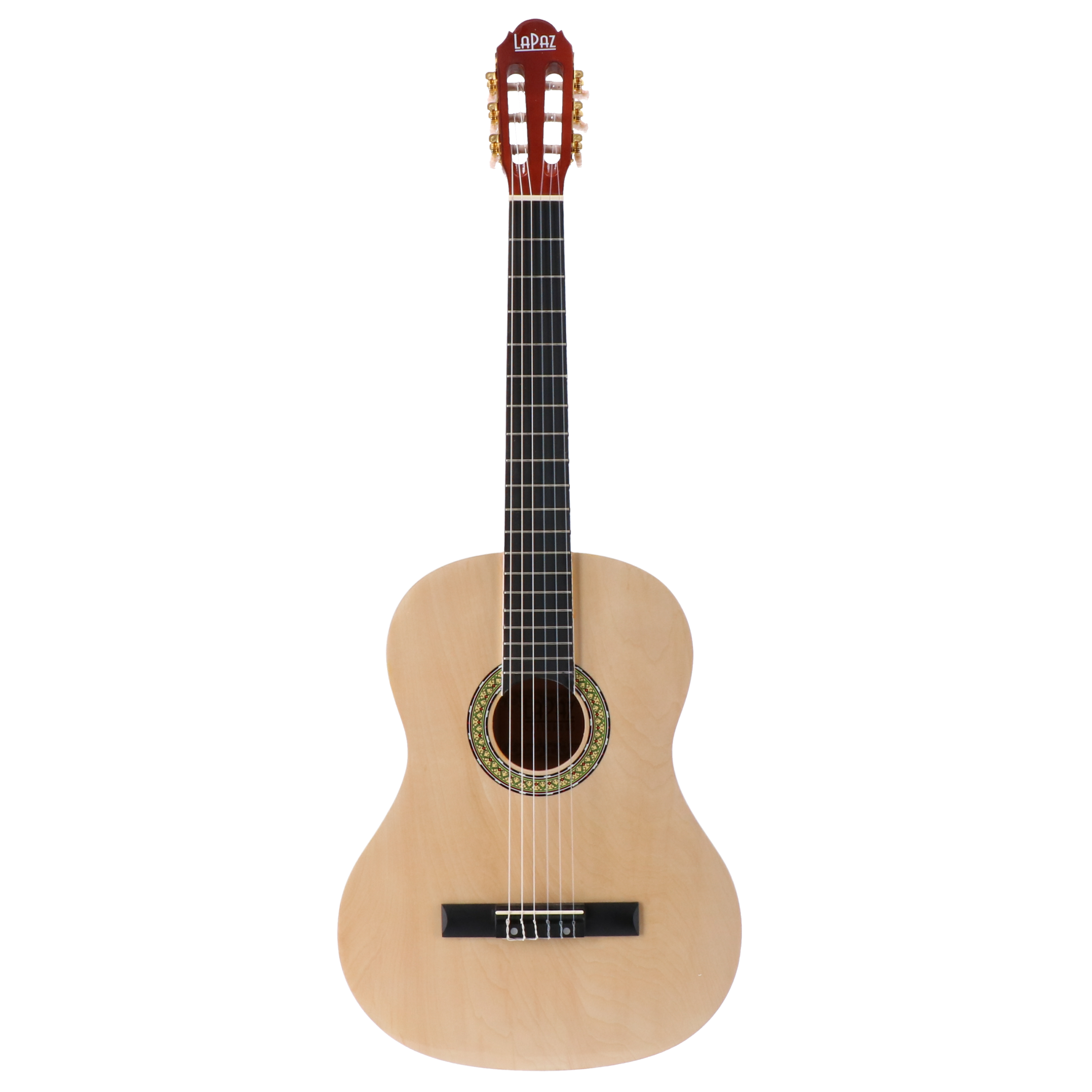 Een lichte akoestische gitaar met zes snaren, tegen een zwarte achtergrond.