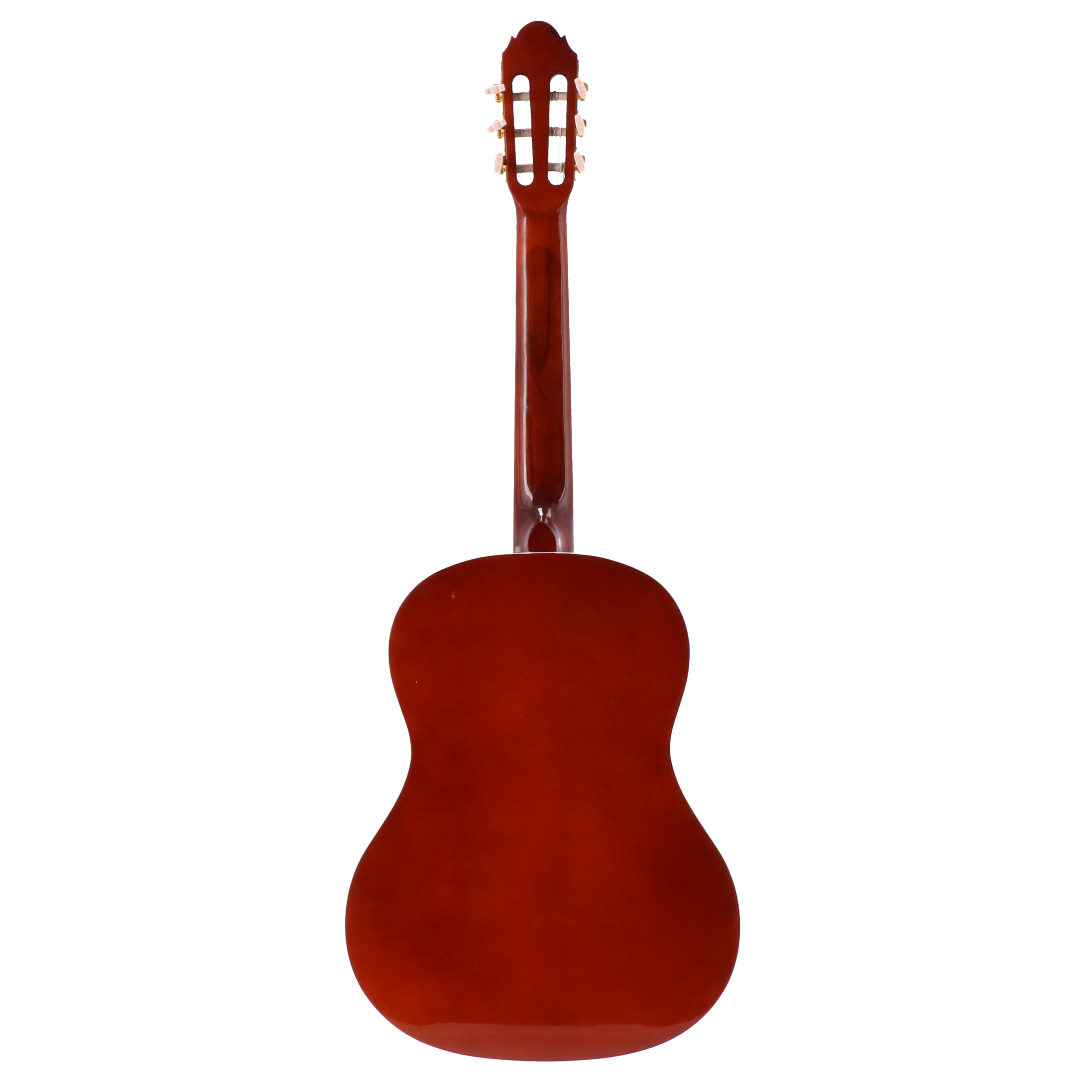 Achterkant van een bruine akoestische gitaar met witte stemknoppen en zilveren snaren.