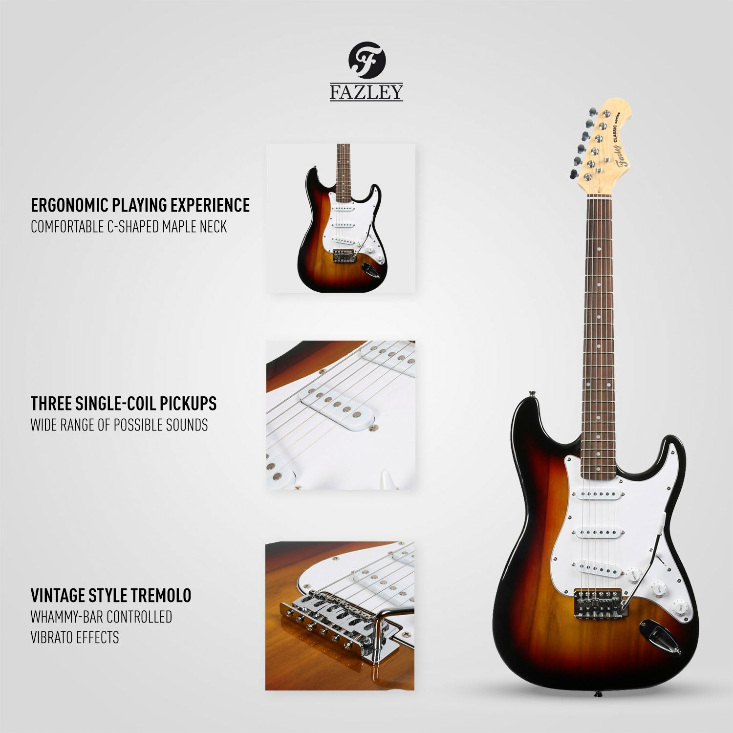 Een sunburst elektrische gitaar met drie elementen en een tremolo brug. Gedetailleerde weergaven.