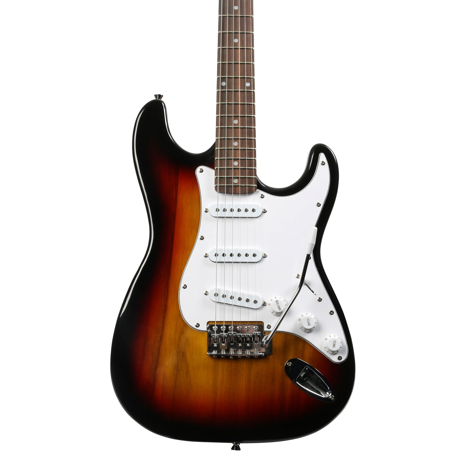 Een sunburst elektrische gitaar met witte slagplaat en zes snaren.