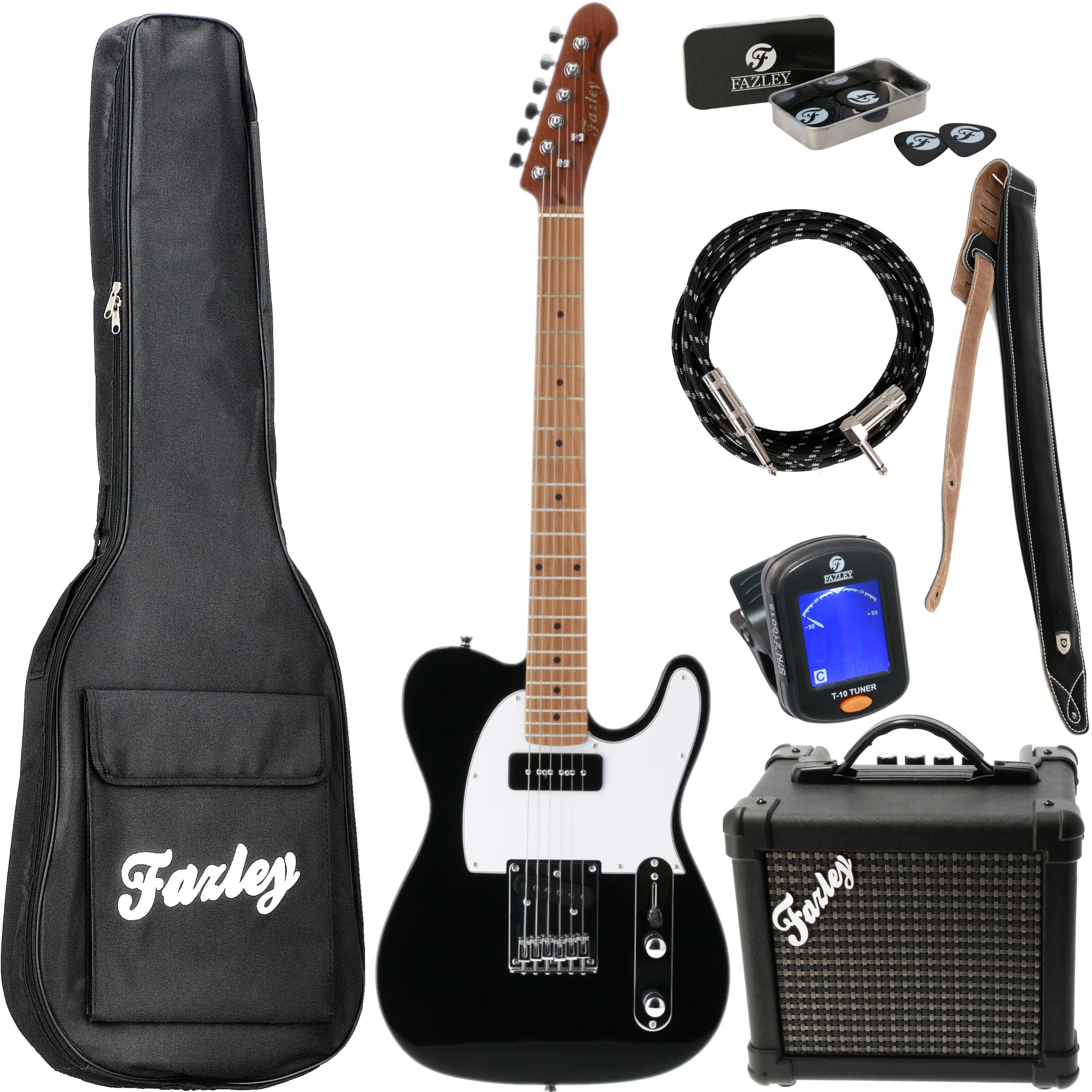 Black electric guitar with accessories: bag, amp, cable, strap, picks, tuner.