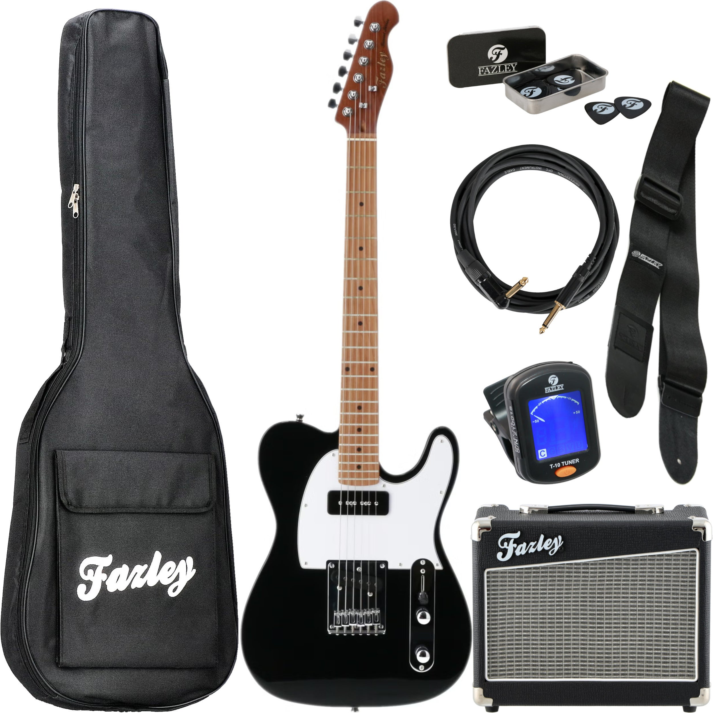 A black electric guitar starter kit featuring a guitar bag, guitar, amplifier, cable, picks, and tuner.