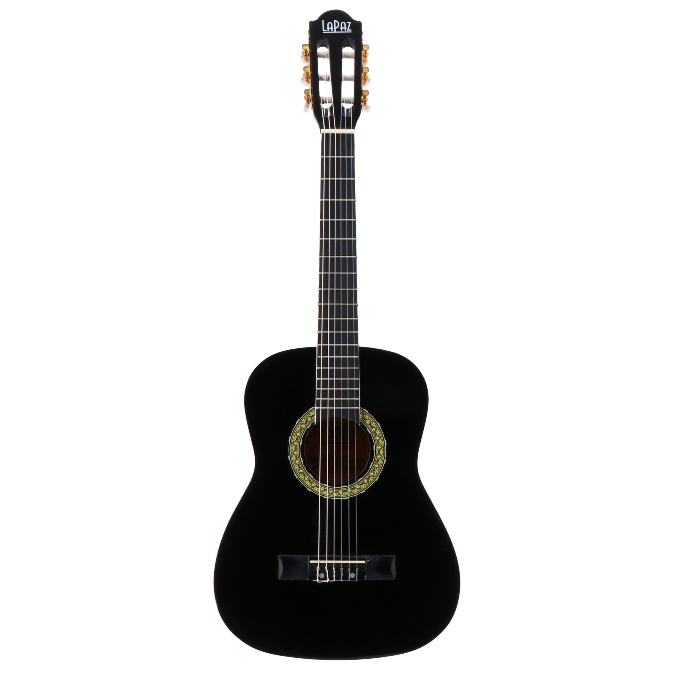 A black acoustic guitar with silver strings and a decorative soundhole.