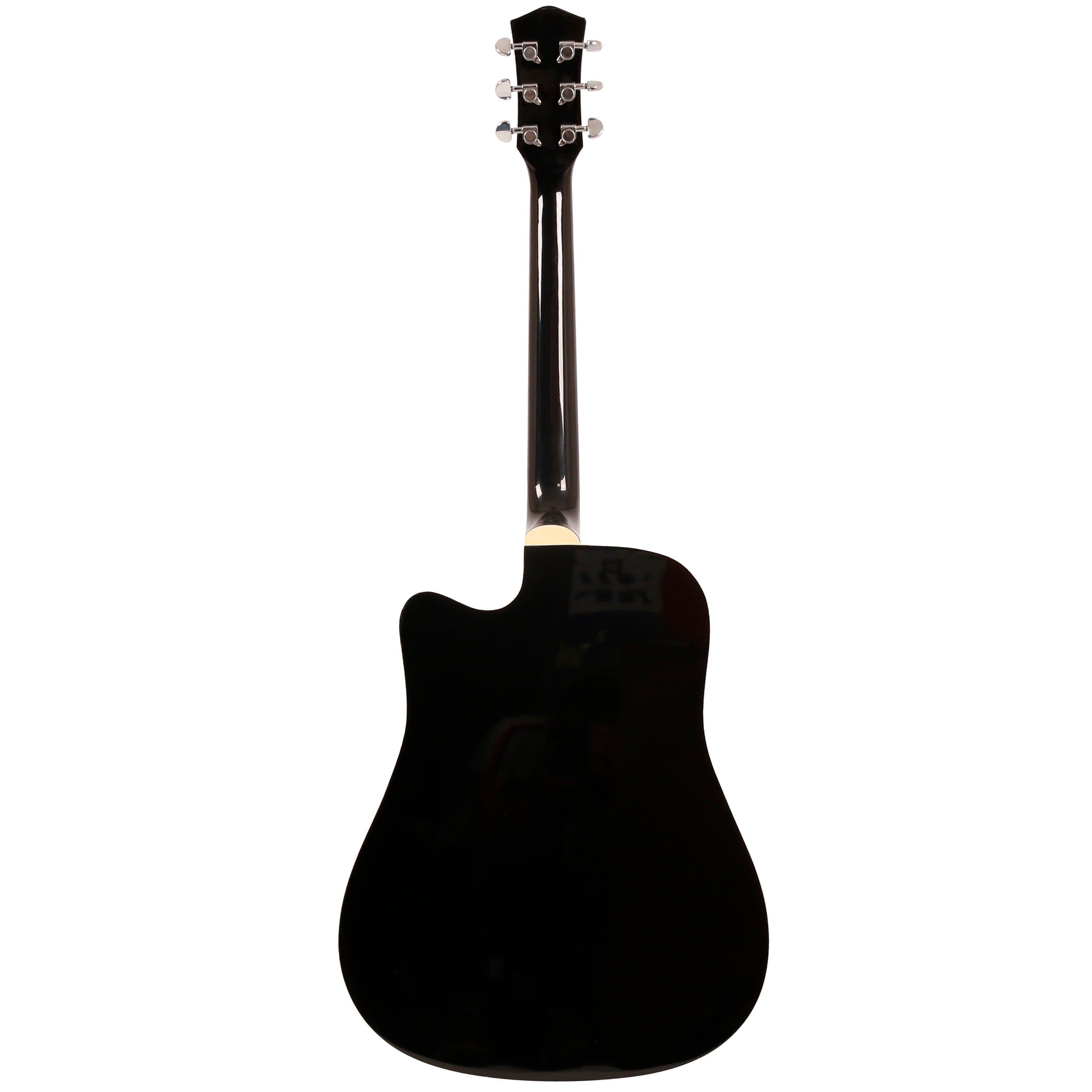Achterkant van een zwarte akoestische gitaar met zilveren stemknoppen en een cutaway.