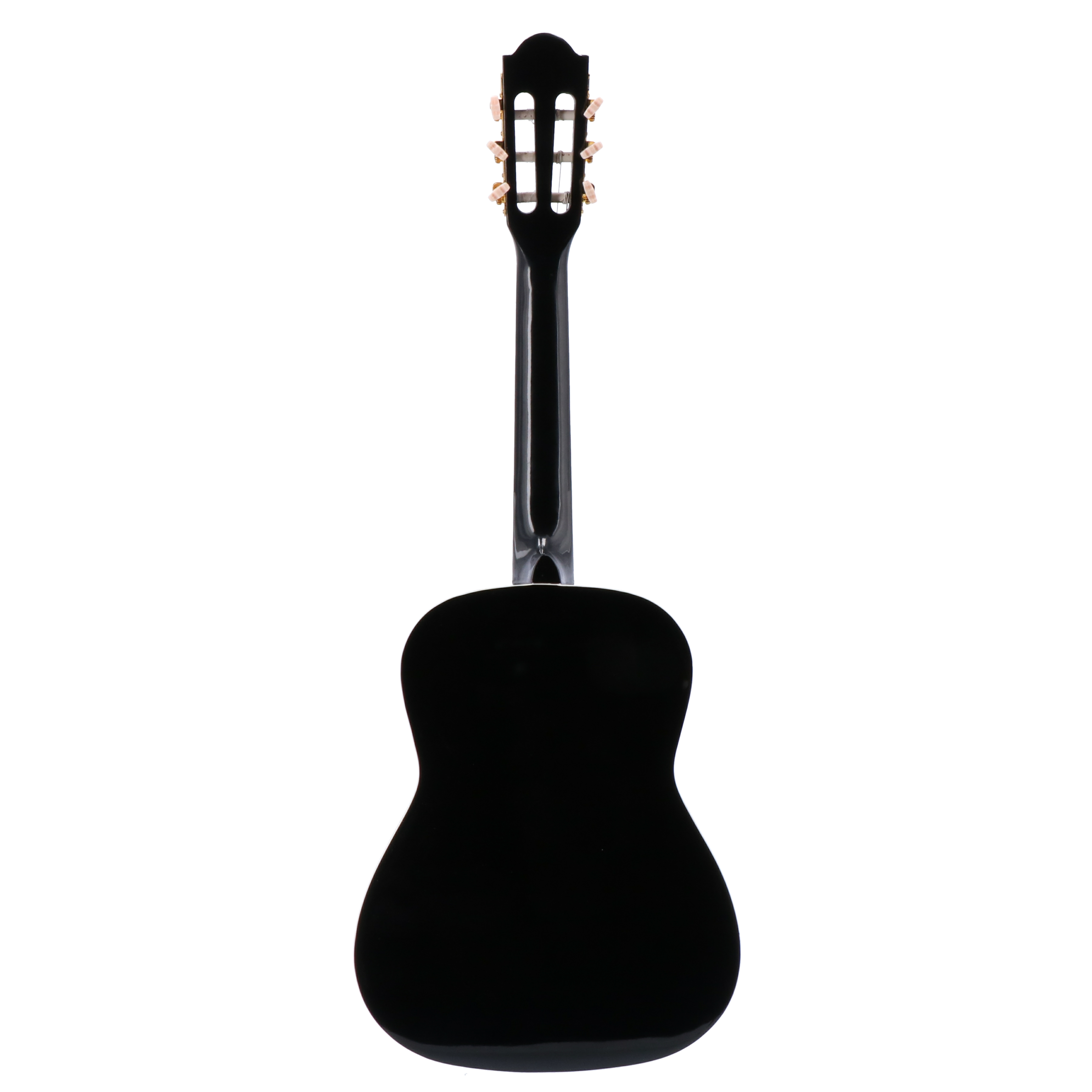 Black guitar with strings and tuning pegs on a white background.