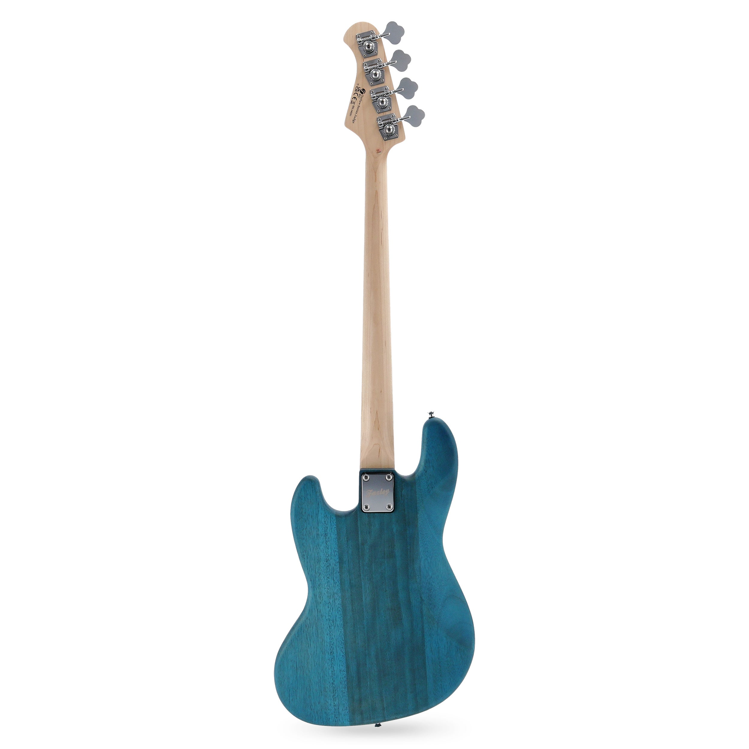 Back view of a blue electric guitar with a light wood neck and silver tuning pegs.