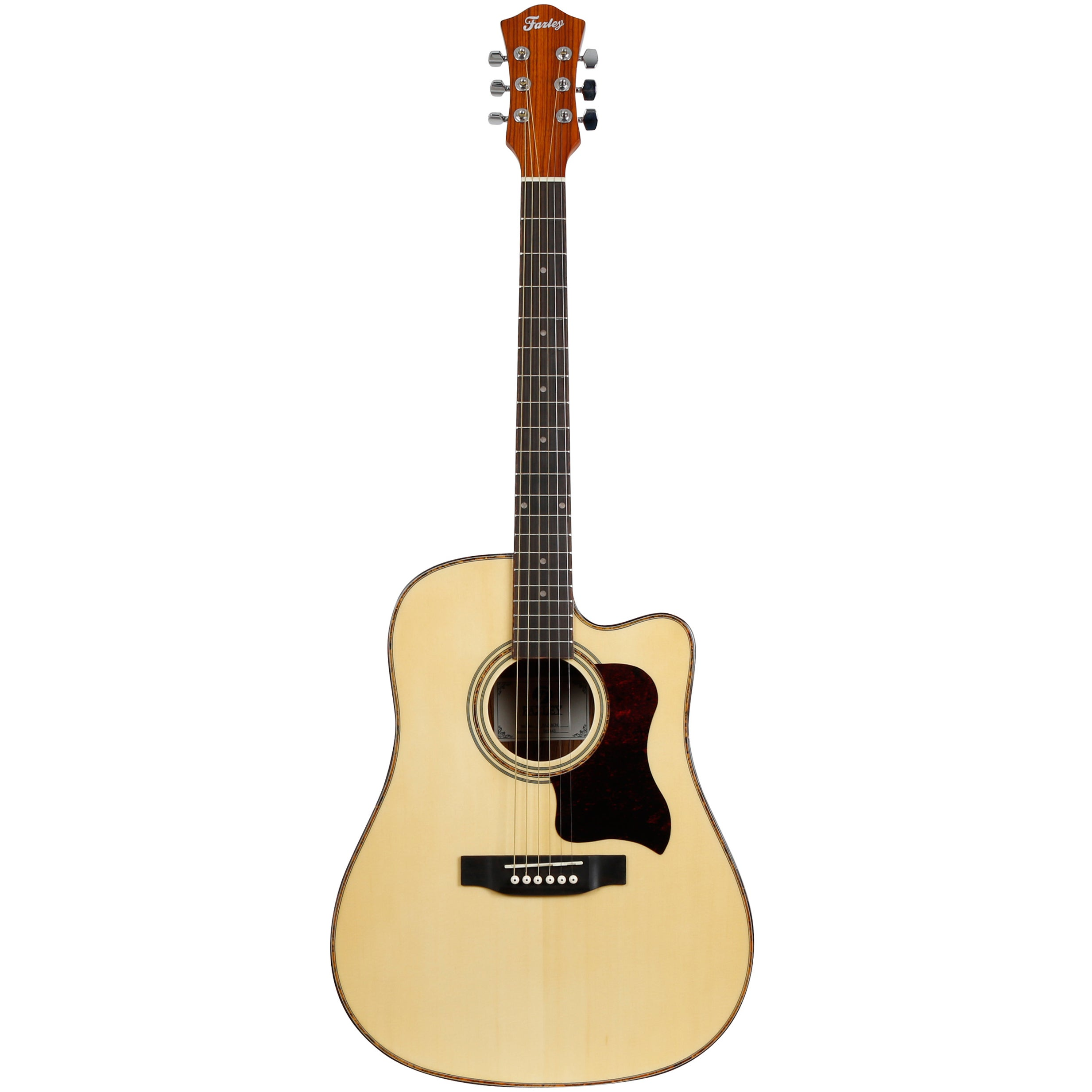 A light-colored acoustic guitar with a cutaway, dark pickguard, and silver tuning pegs.