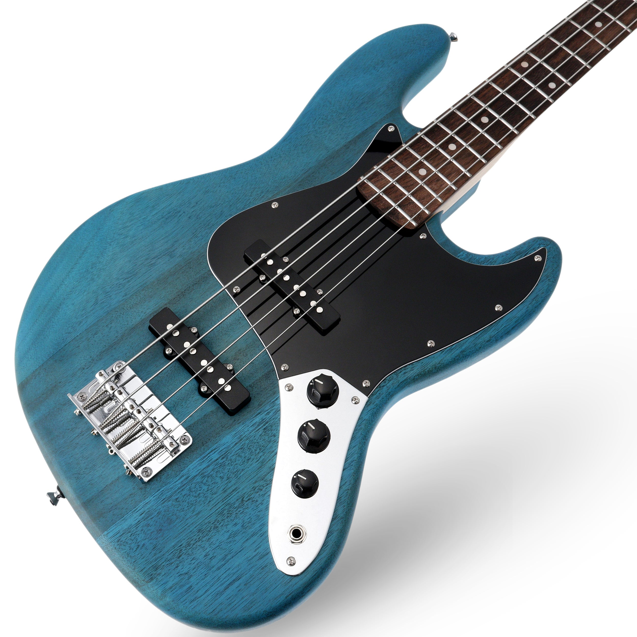 A blue bass guitar with a black pickguard and silver bridge.