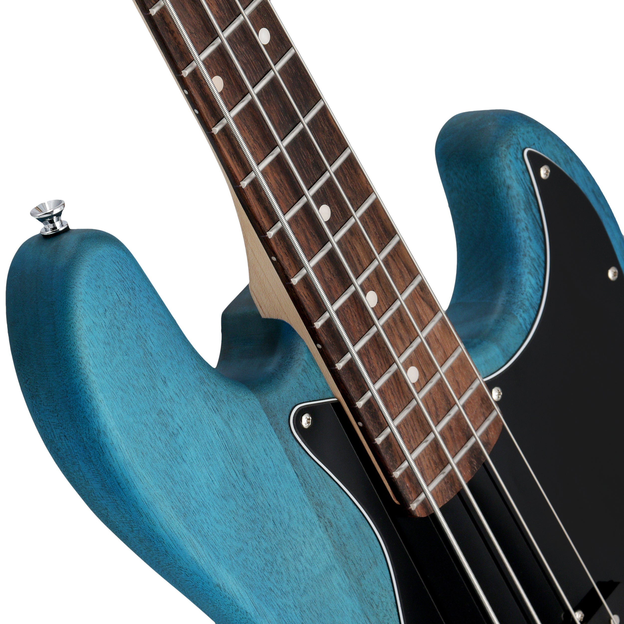 Close-up of a blue bass guitar showing the fretboard, strings, and body.