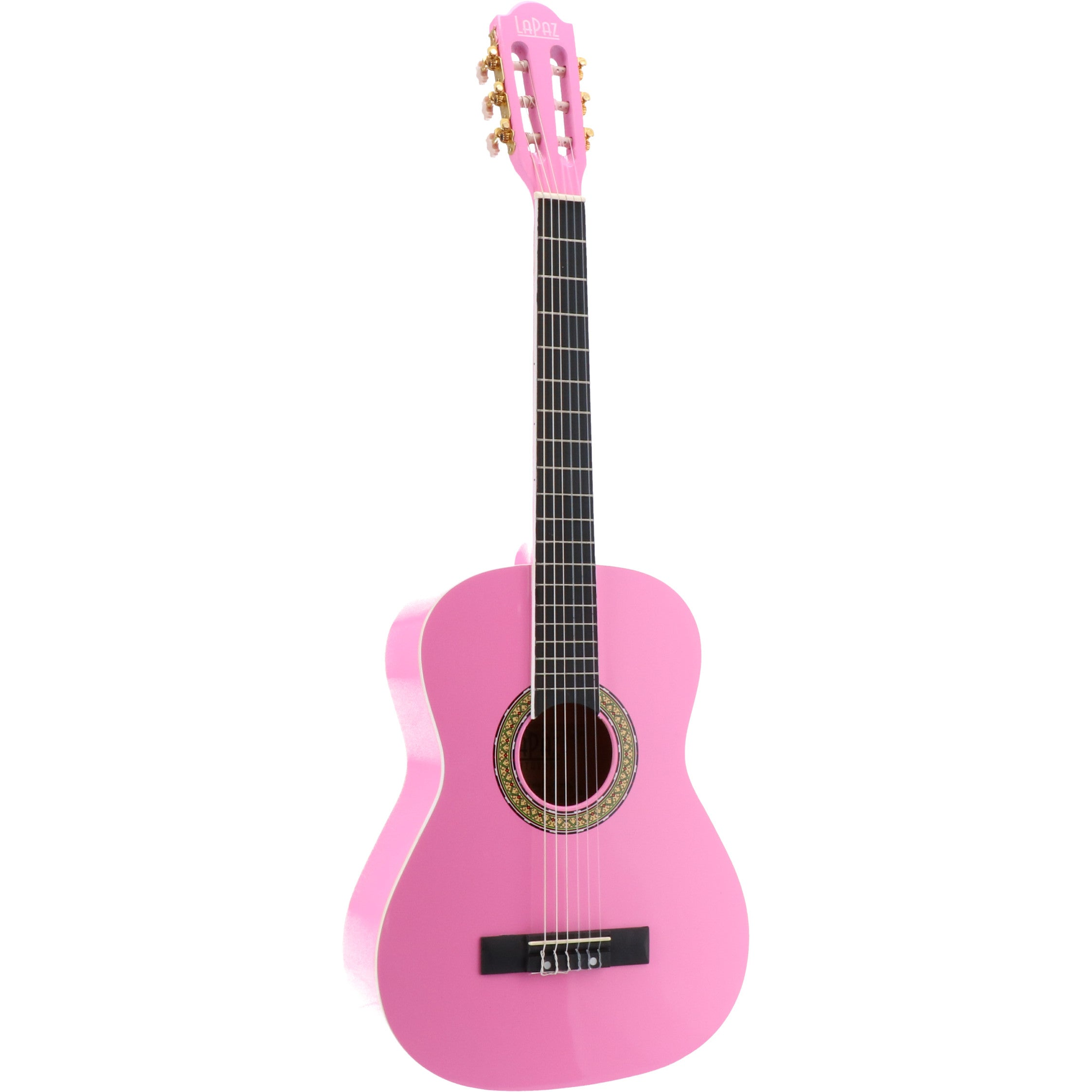 Een roze akoestische gitaar met zes snaren staat tegen een witte achtergrond.
