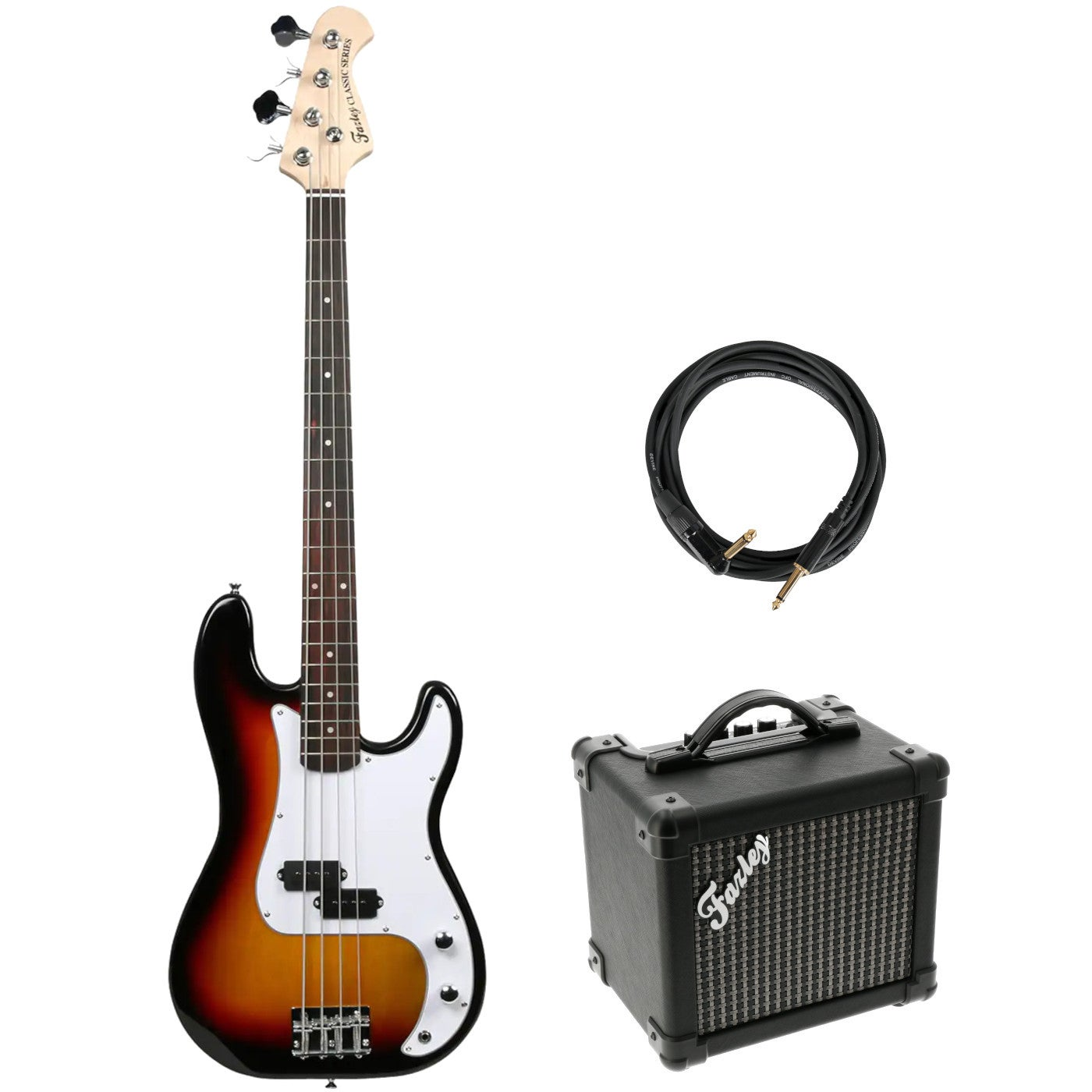 Een basgitaar, versterker en kabel op witte achtergrond.