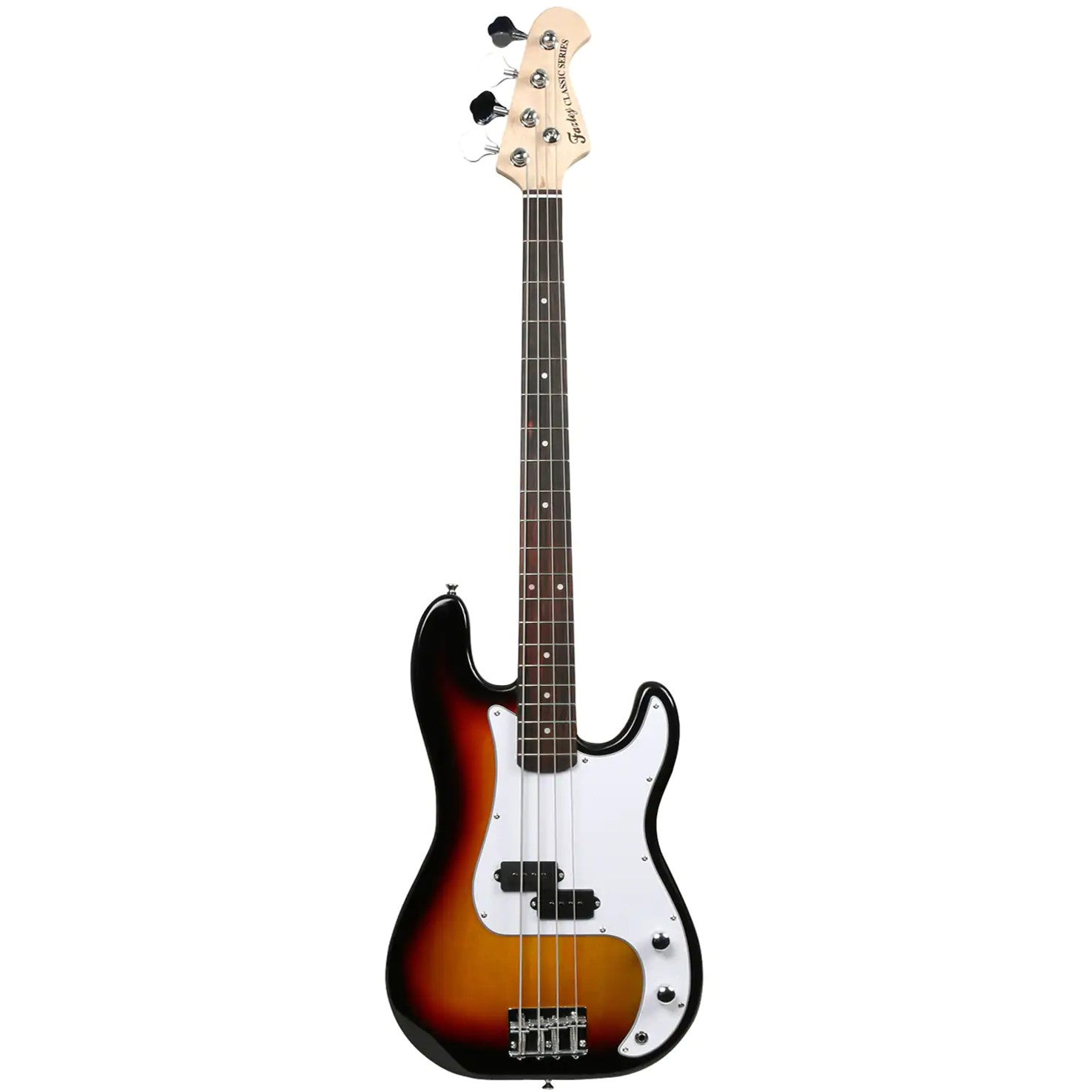 Een sunburst basgitaar body met een wit slagplaat en zwarte pickups.