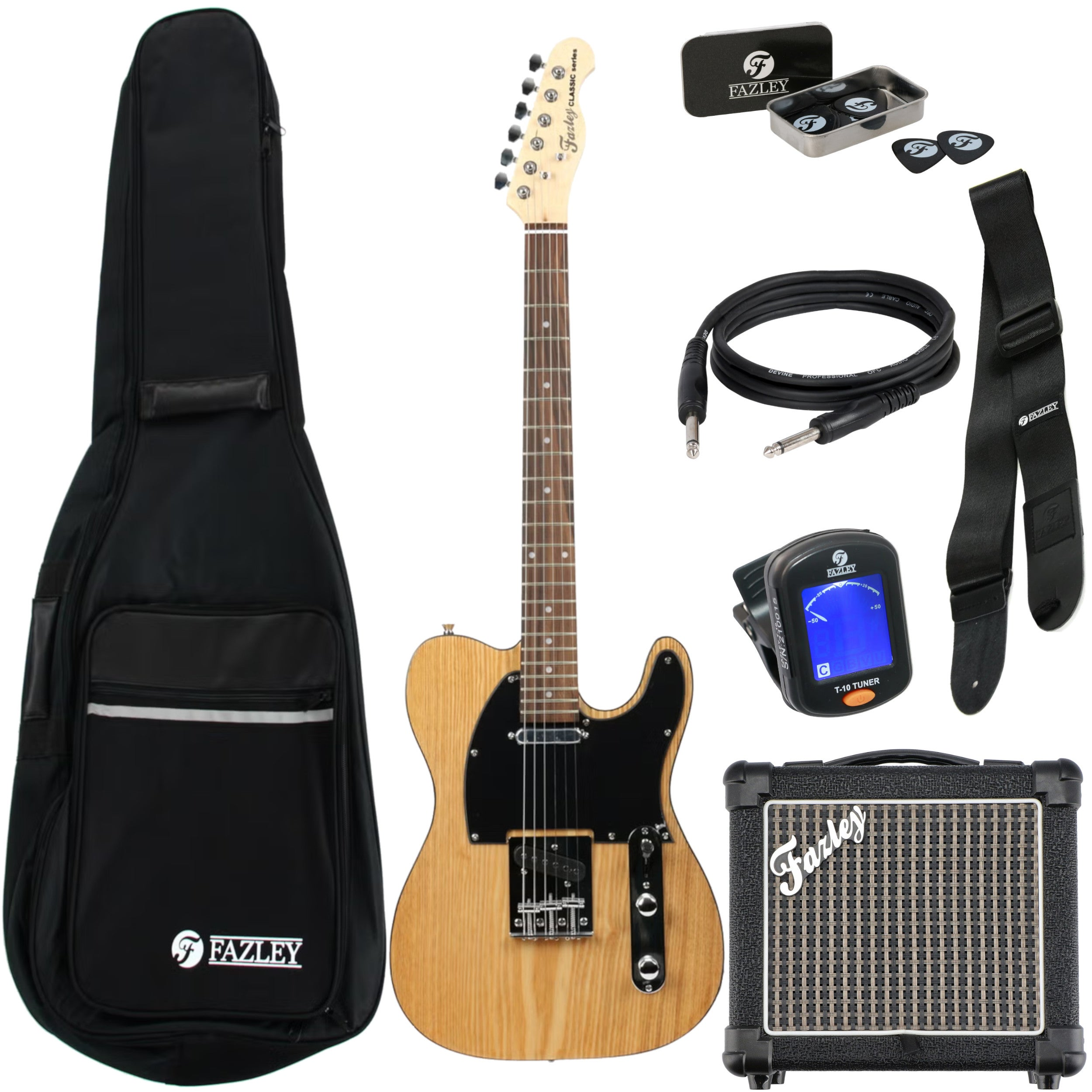 Een elektrische gitaarset met gitaar, tas, versterker, kabel, tuner en plectrums.