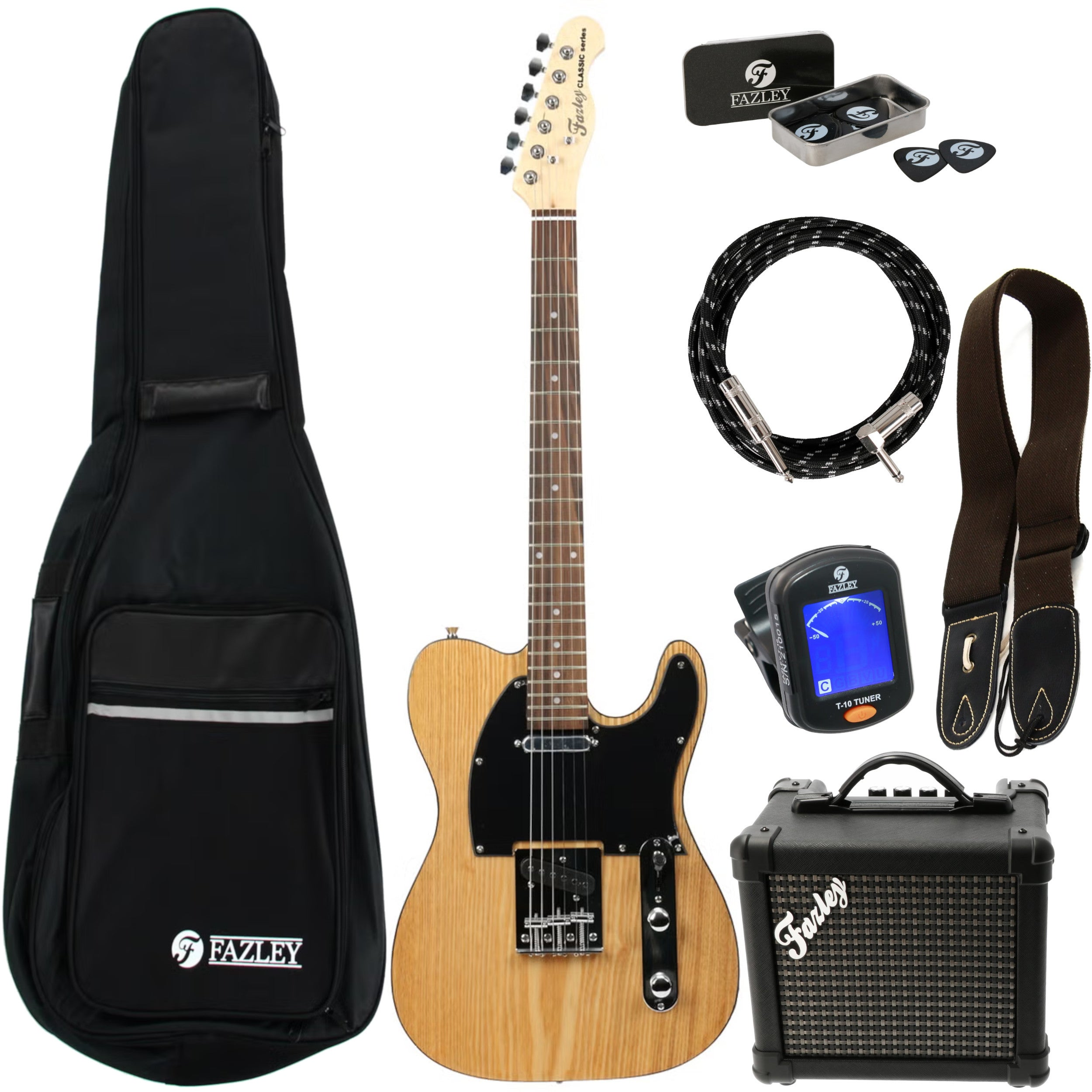 Een Fazley elektrische gitaar set met gitaar, tas, versterker, kabel, riem en tuner.