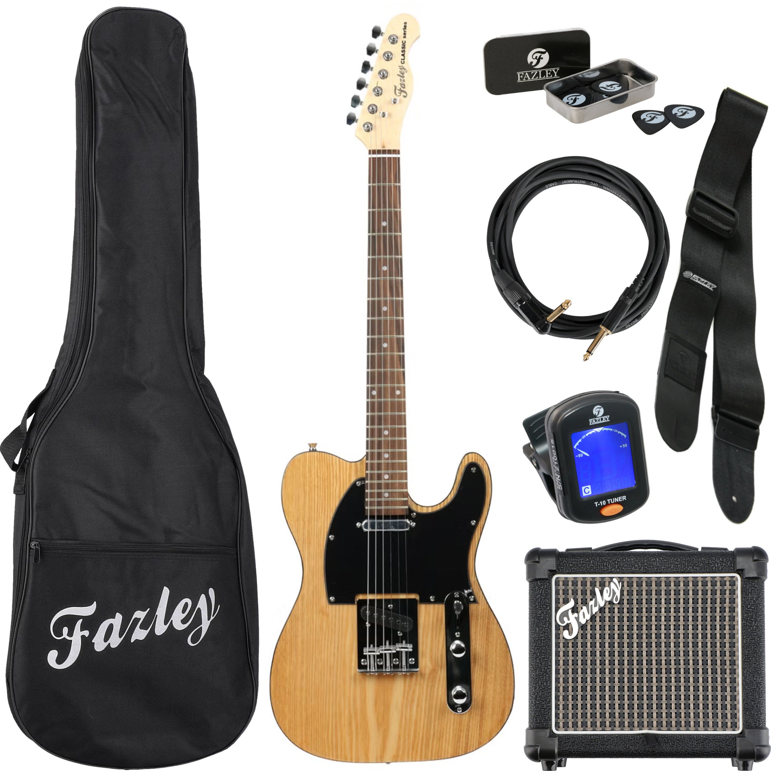 Een gitaarset met elektrische gitaar, versterker, tas, kabel, riem en plectrums.