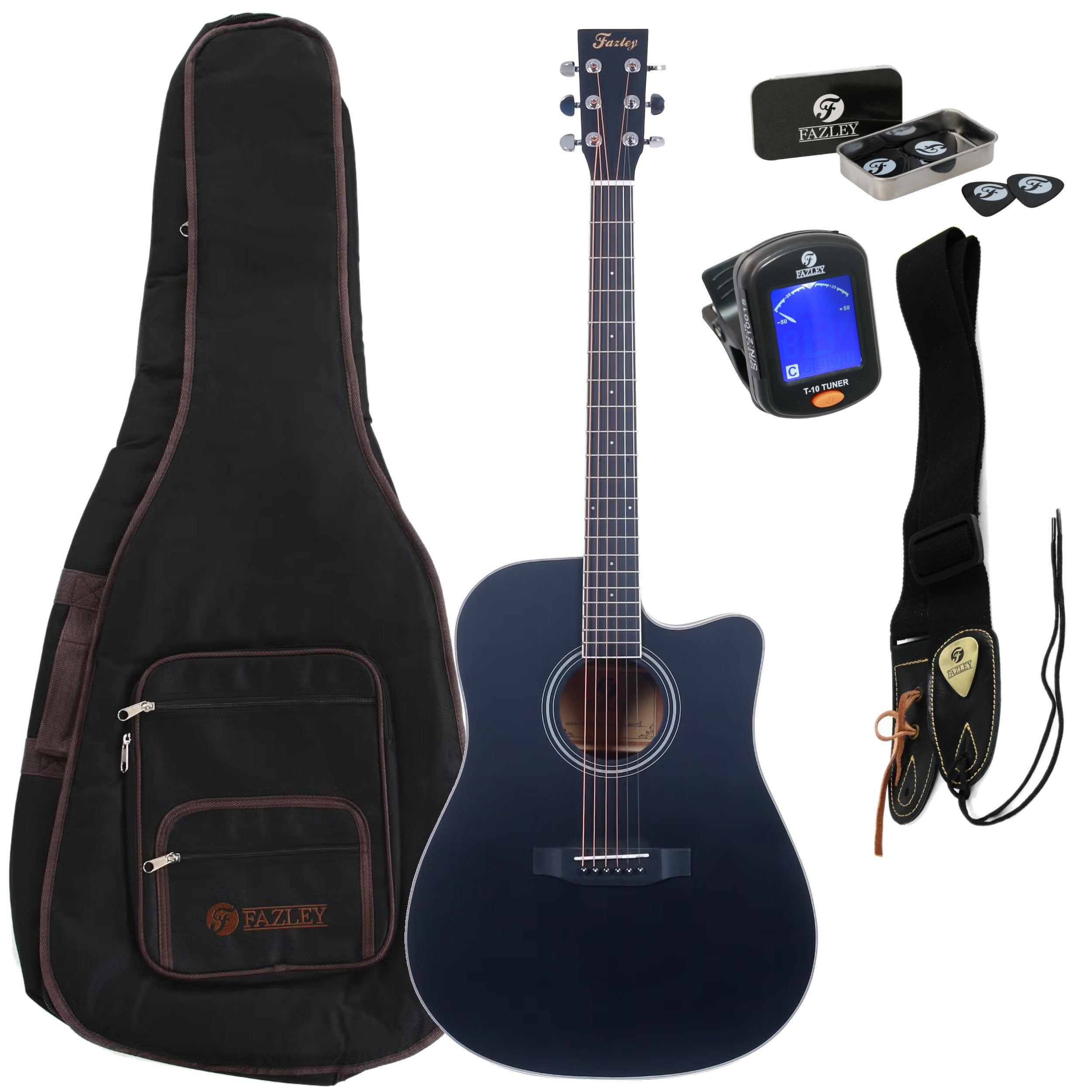 Zwarte akoestische gitaar met accessoires: tas, riem, plectrums, stemapparaat.