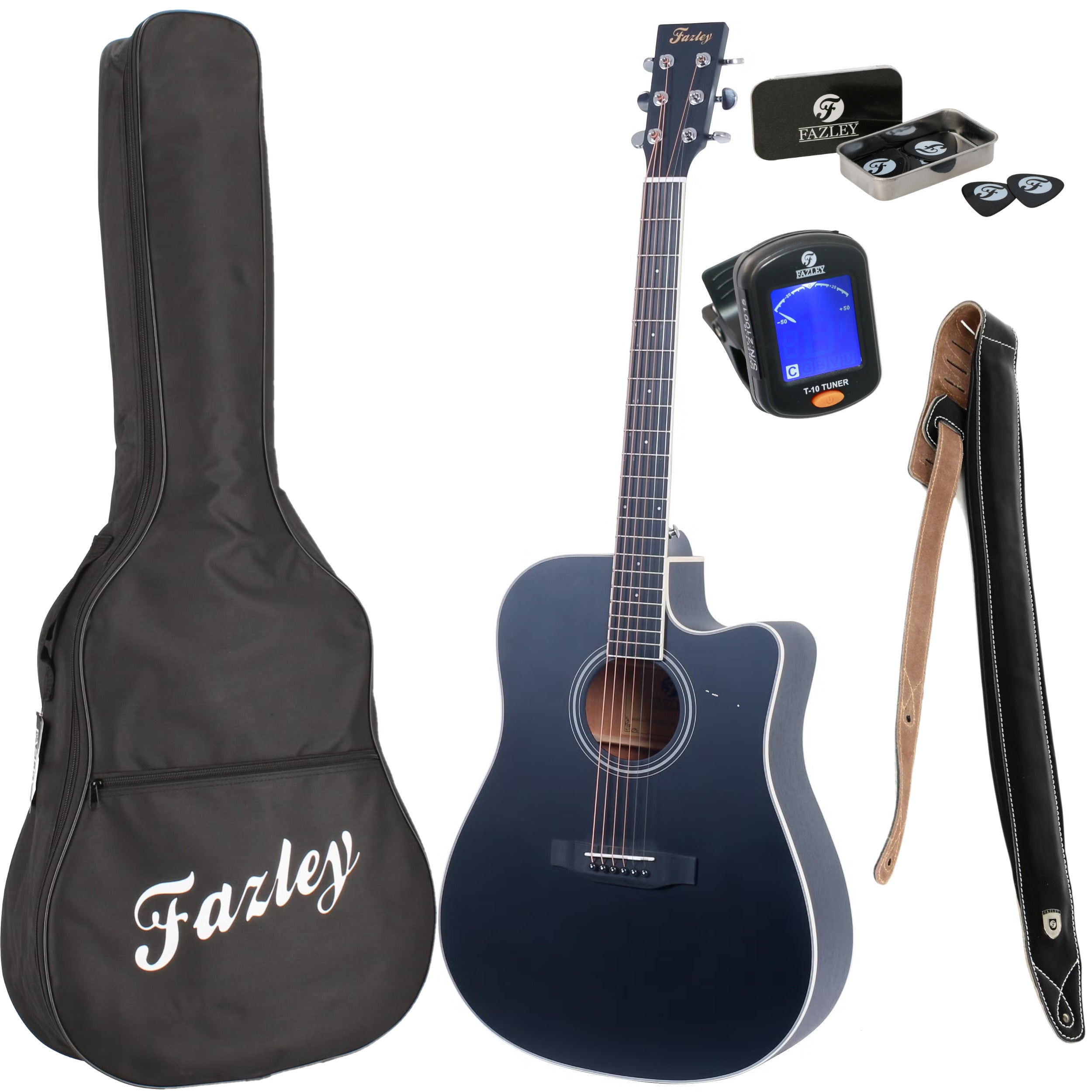 Zwarte akoestische gitaar met tas, plectrums, tuner en riem.