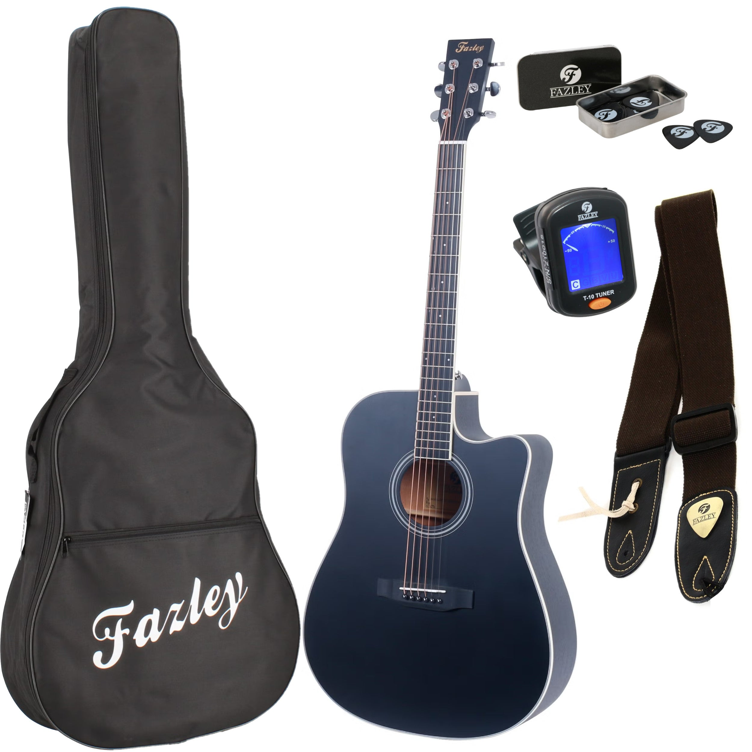 Zwarte akoestische gitaar met tas, tuner, plectrums en band. Fazley logo zichtbaar.