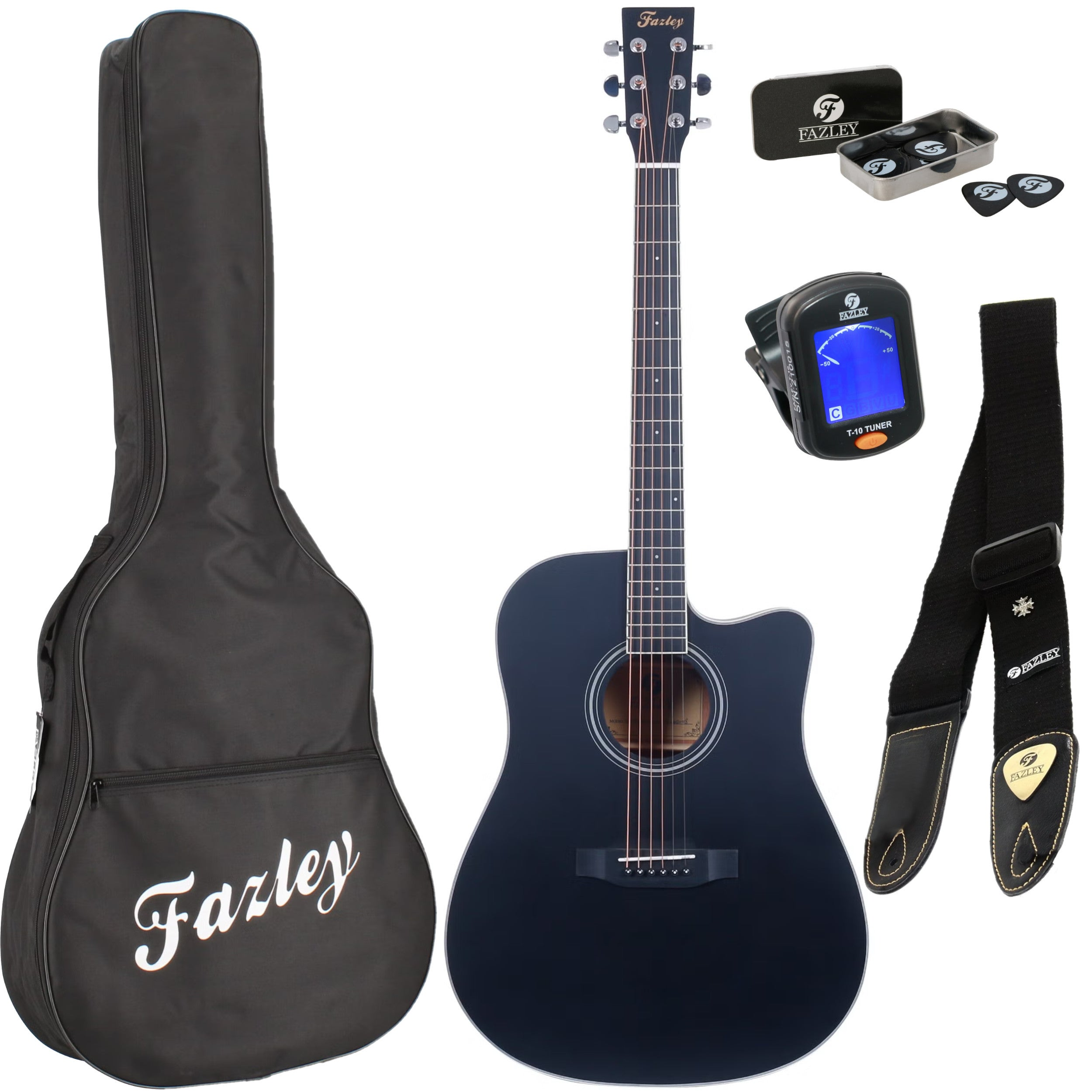 Zwarte akoestische gitaar met accessoires: tas, riem, plectrums, tuner.