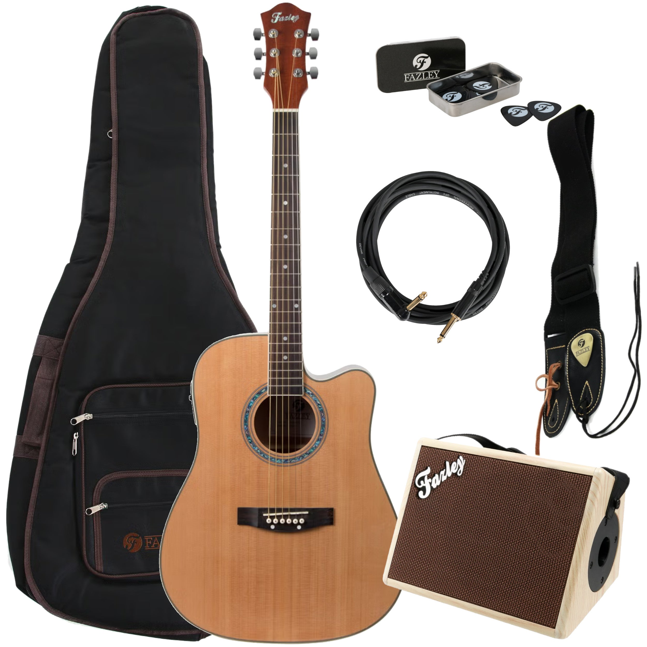 Acoustic guitar set with guitar, bag, amplifier, cable, strap, and picks.