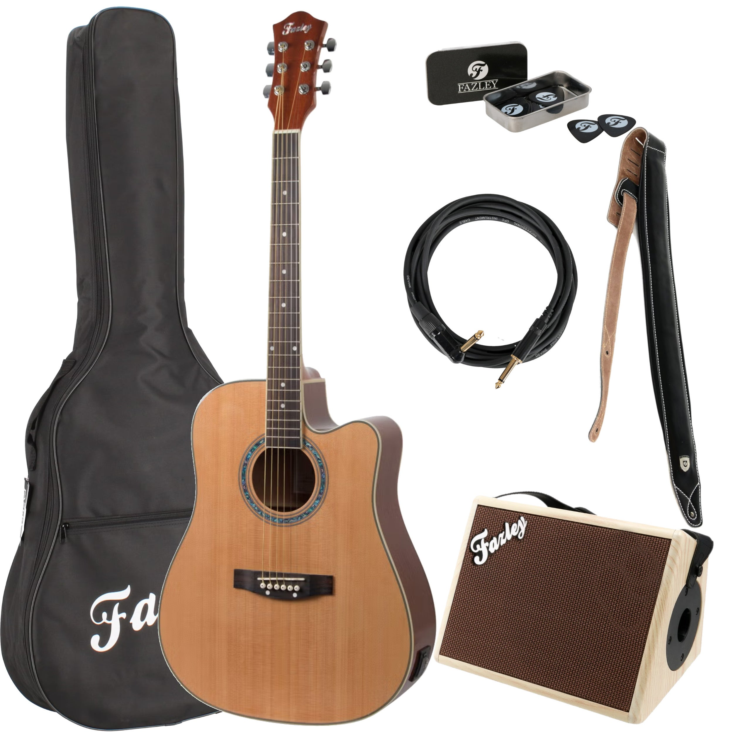 Acoustic guitar with gig bag, amplifier, cable, strap, and picks.