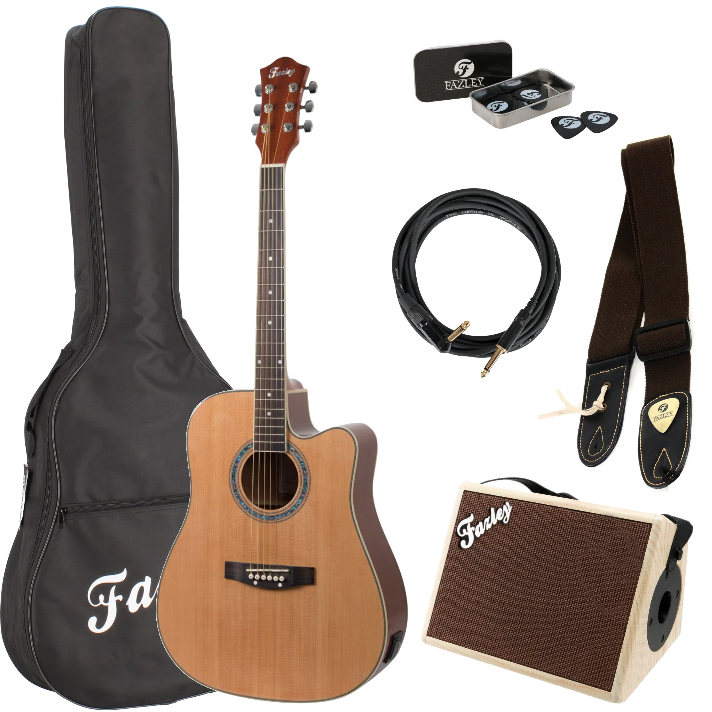 An acoustic guitar set with a bag, cable, amplifier, picks, and strap.