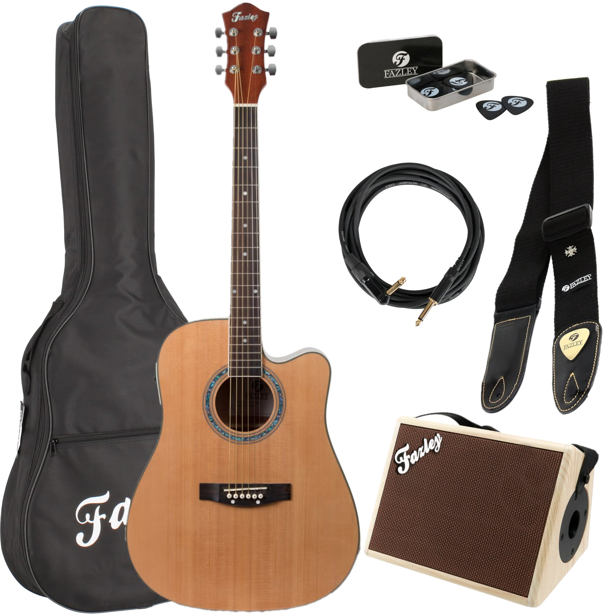 An acoustic guitar set featuring a guitar, case, amplifier, cable, strap, and picks.