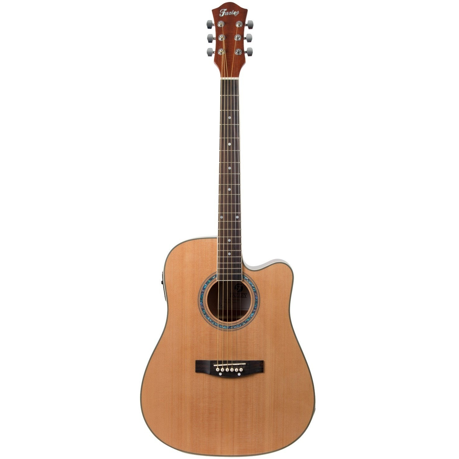 A natural-colored acoustic guitar with a cutaway, six strings, and silver tuning pegs.