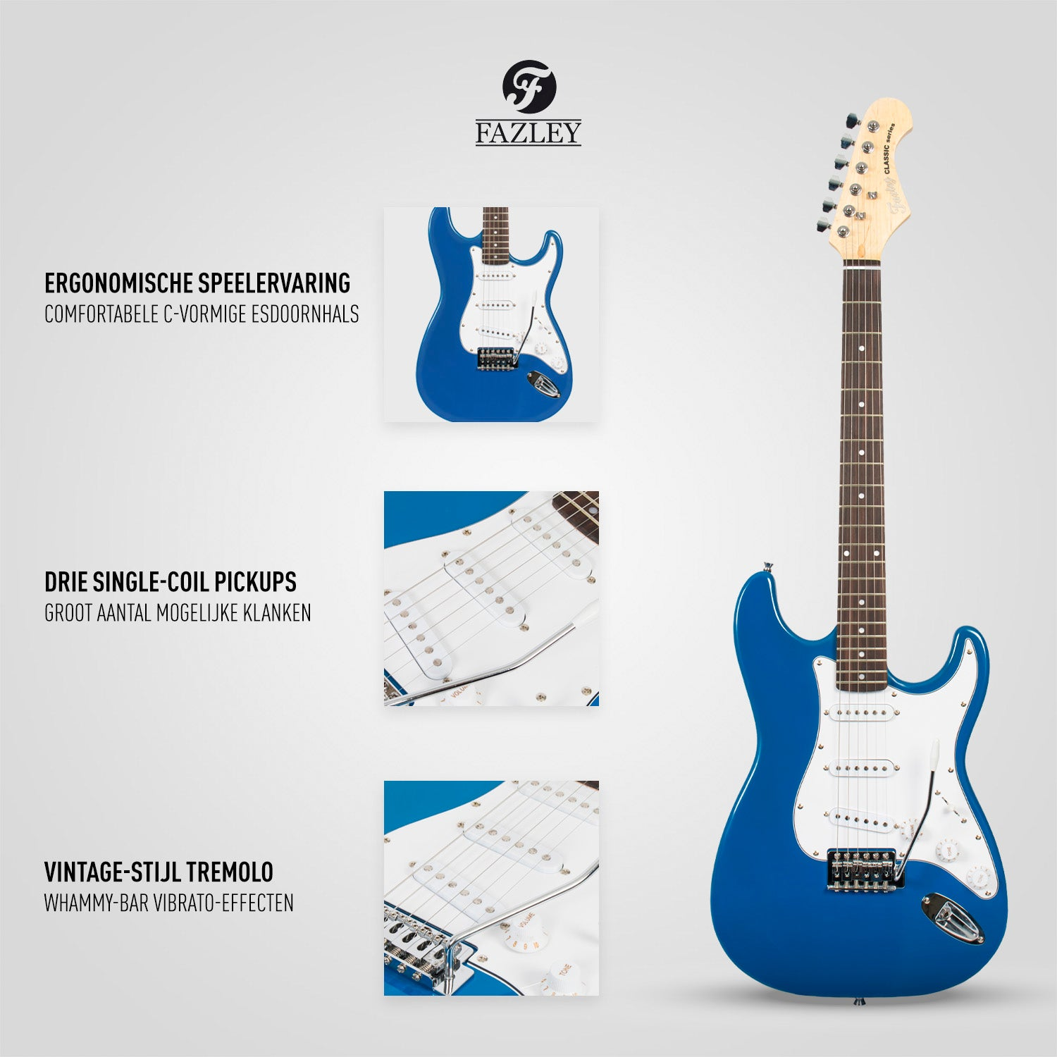 Een blauwe elektrische gitaar met witte elementen en zilveren hardware, met close-ups.