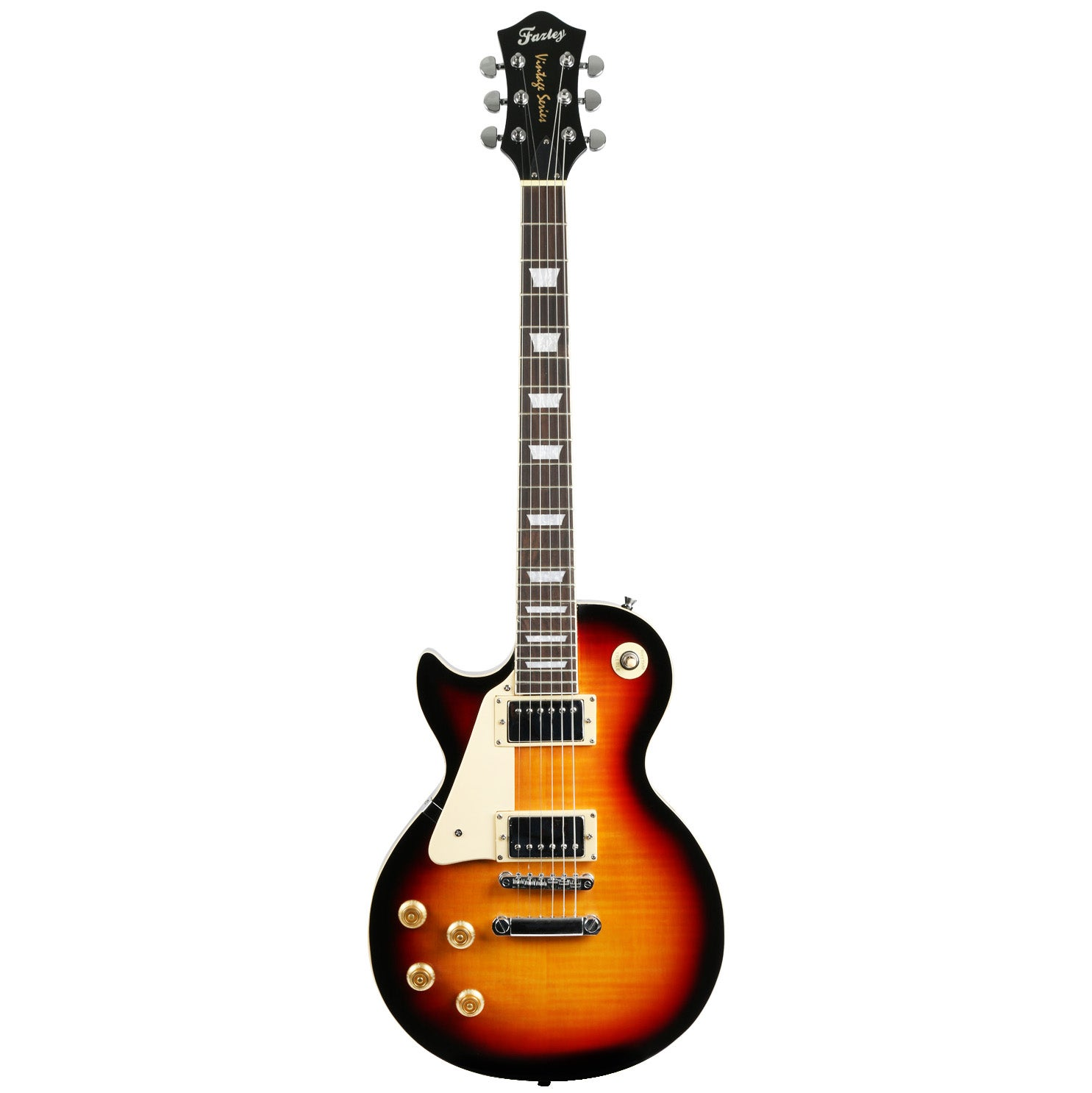 Een sunburst elektrische gitaar met zwarte kop en zilveren stemmechanieken.