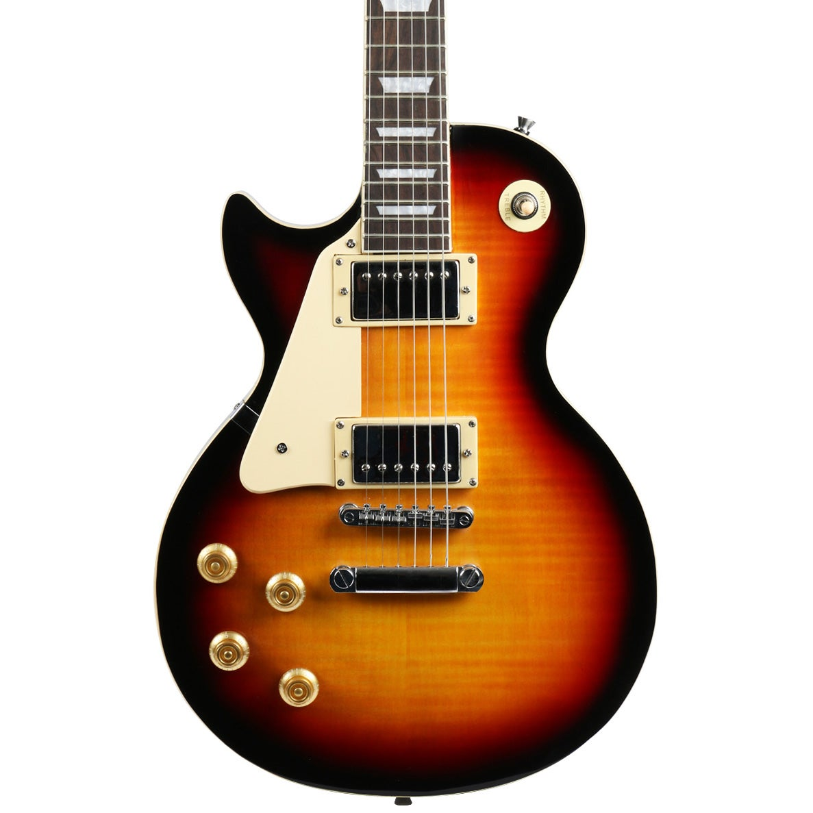 Hals elektrische gitaar met sunburst finish, crème slagplaat en gouden knoppen.