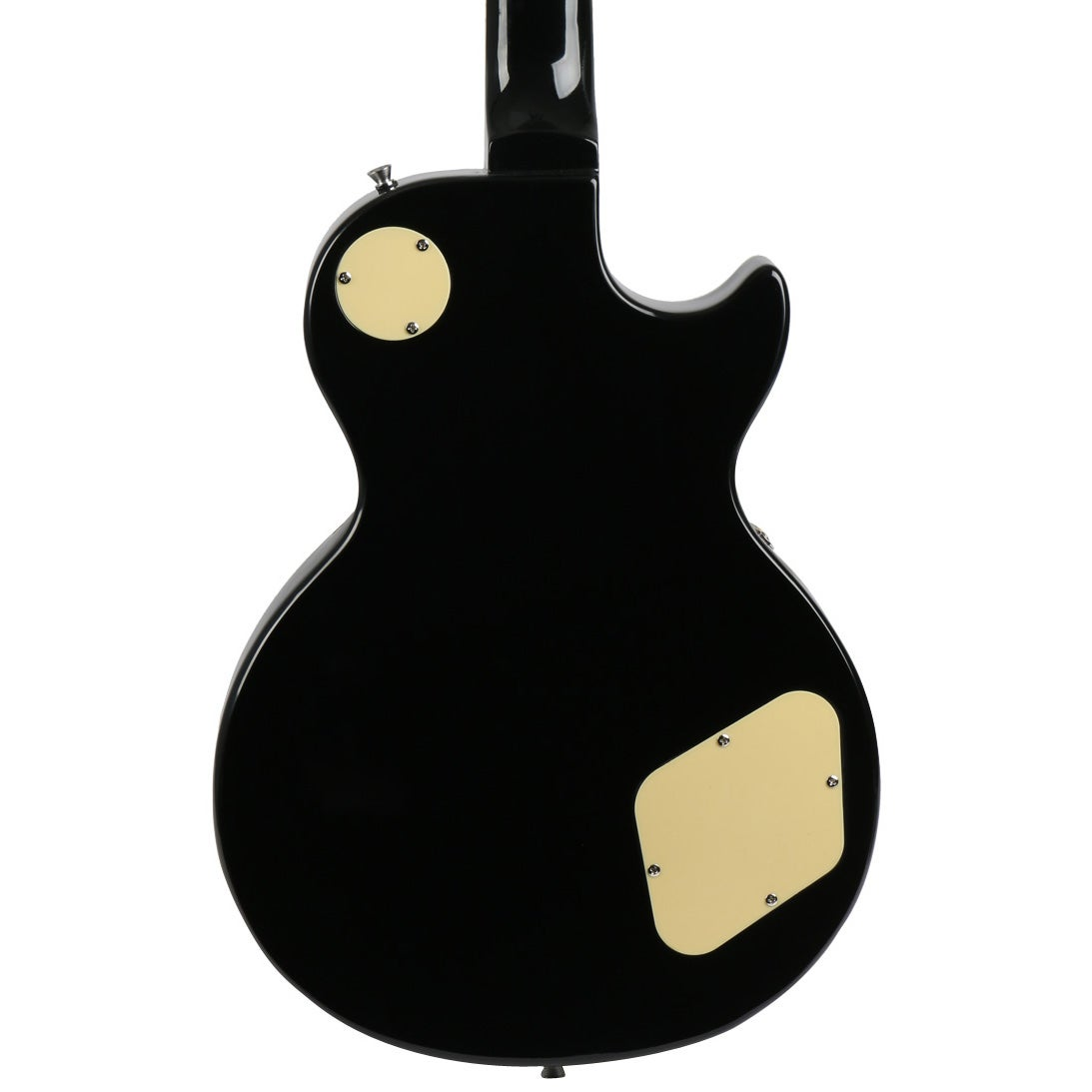 Achterkant van een zwarte gitaar met crèmekleurige afdekkingen.