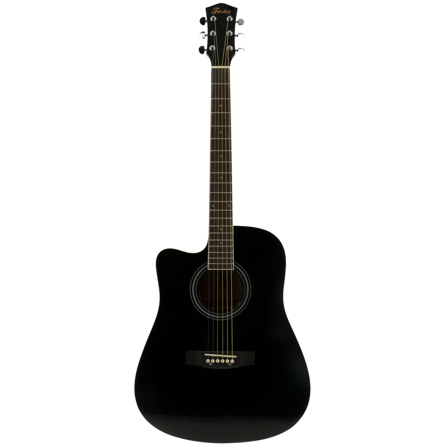 Een zwarte akoestische gitaar met zes snaren en een cutaway.