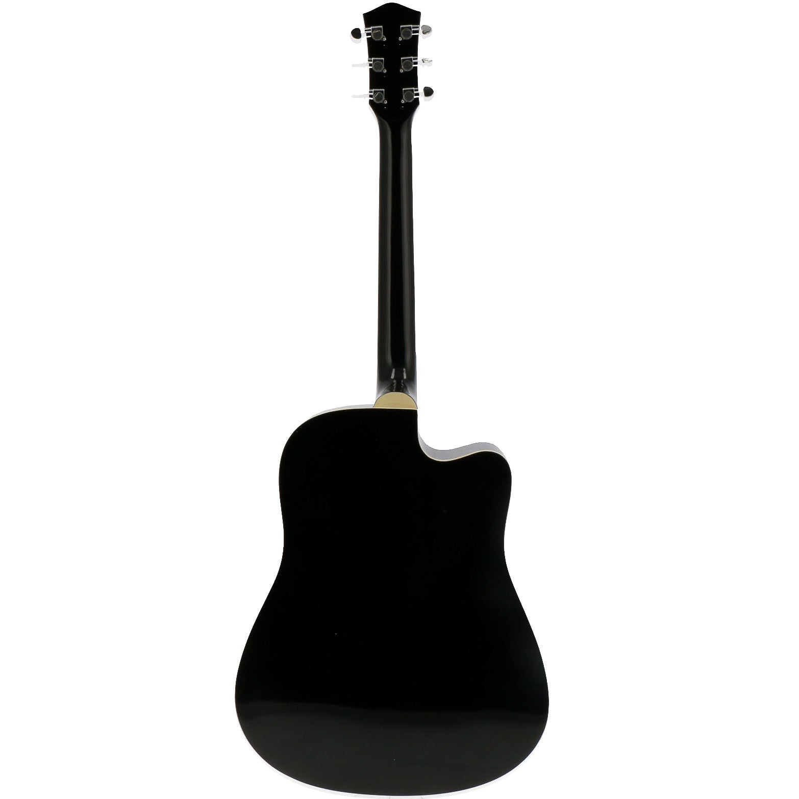 Achterkant van een zwarte akoestische gitaar, met hals en stemmechanieken.