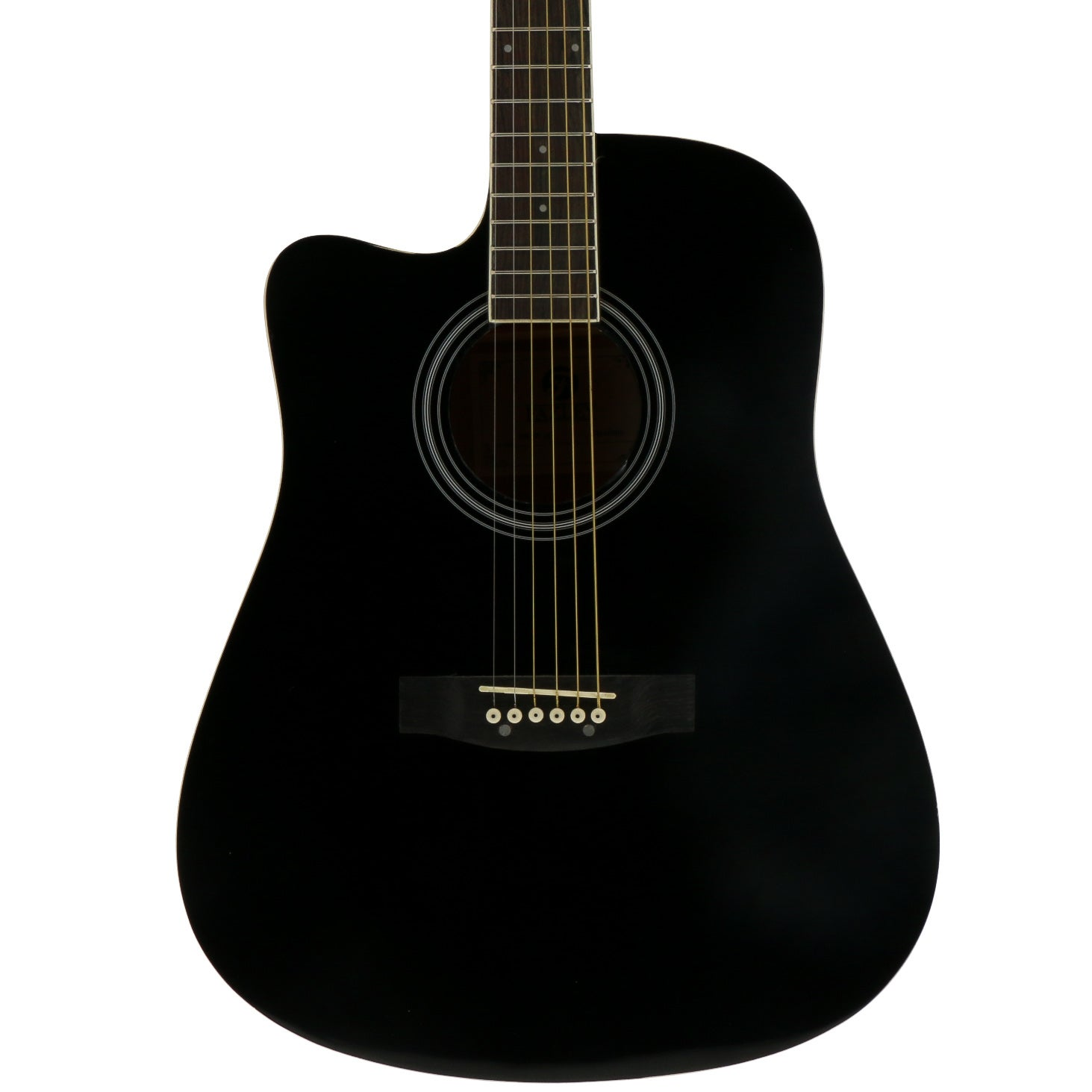 Een zwarte akoestische gitaar met zes snaren en een klankgat.