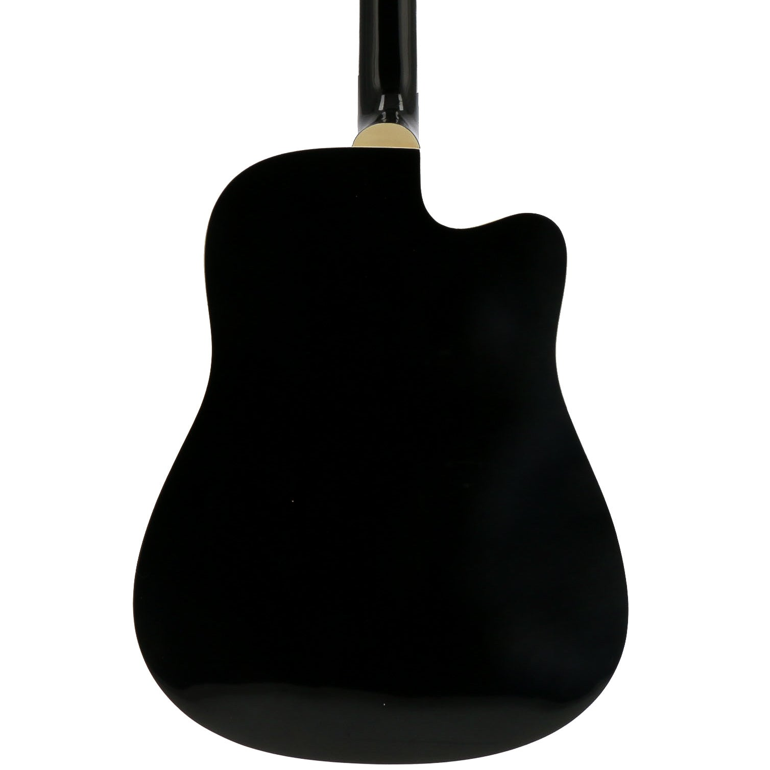 Achterkant van een zwarte akoestische gitaar met cutaway.