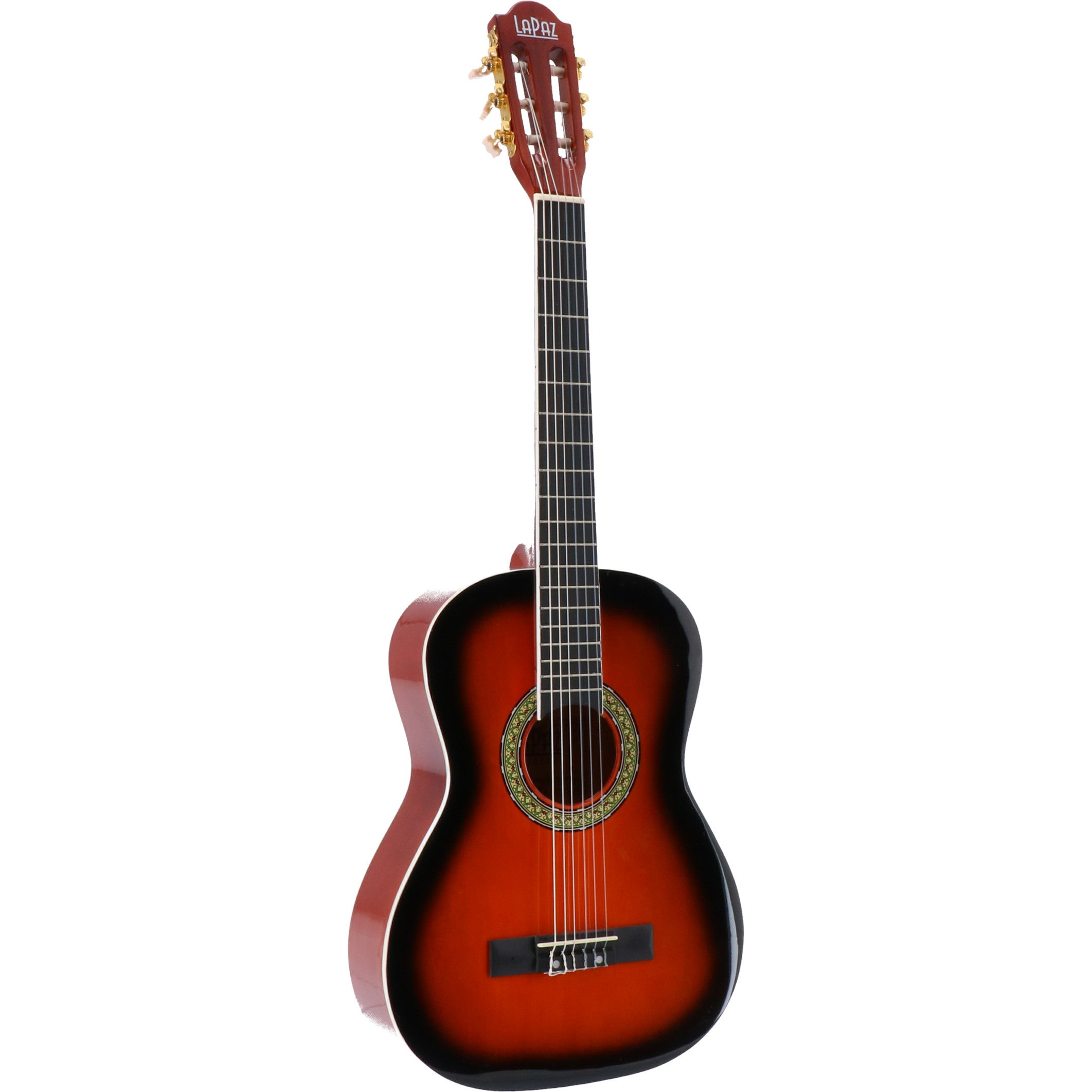 Een sunburst bruine en zwarte akoestische gitaar met gouden stemknoppen en witte snaren.