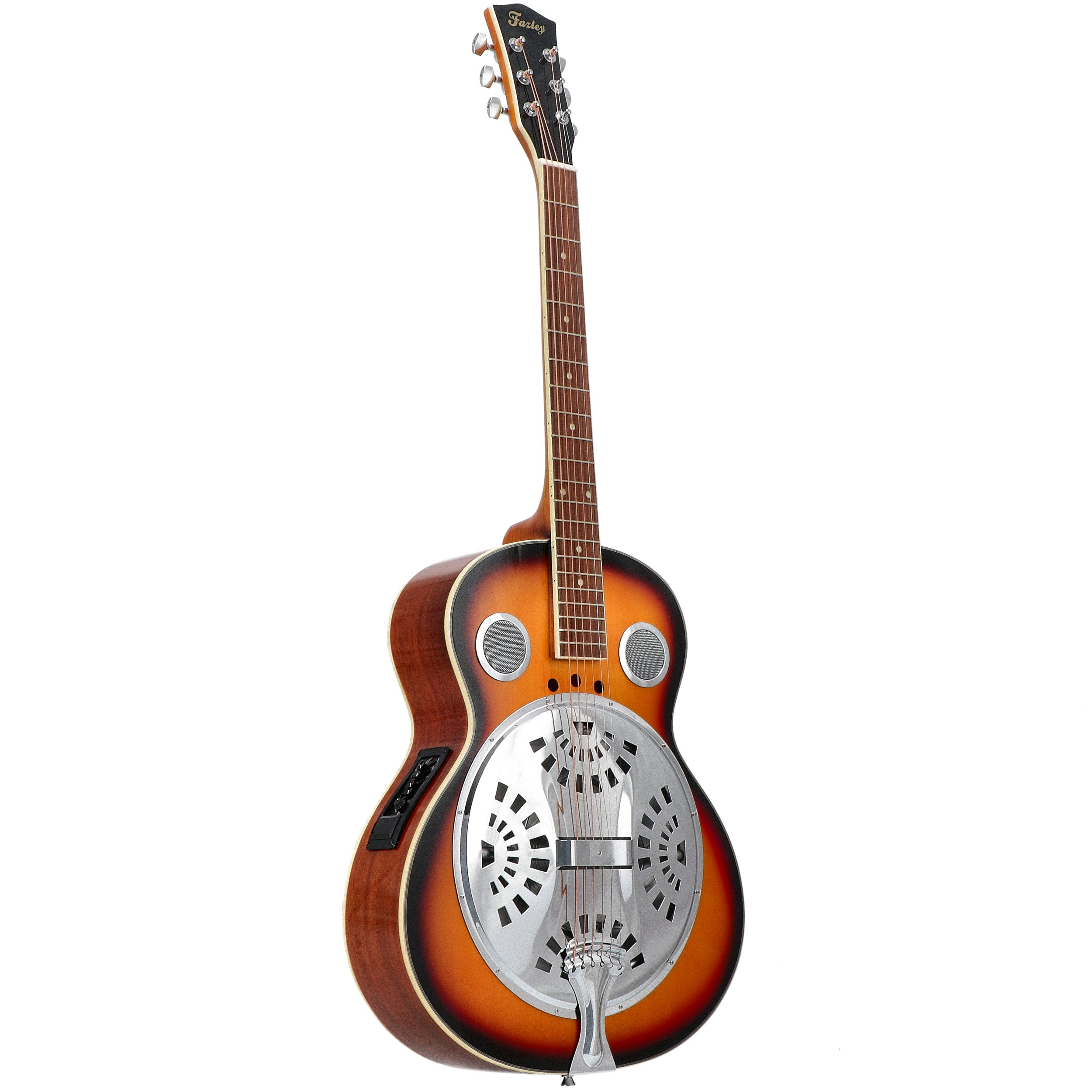 Een sunburst akoestische gitaar met zilveren resonator en twee ronde luidsprekeruitgangen.