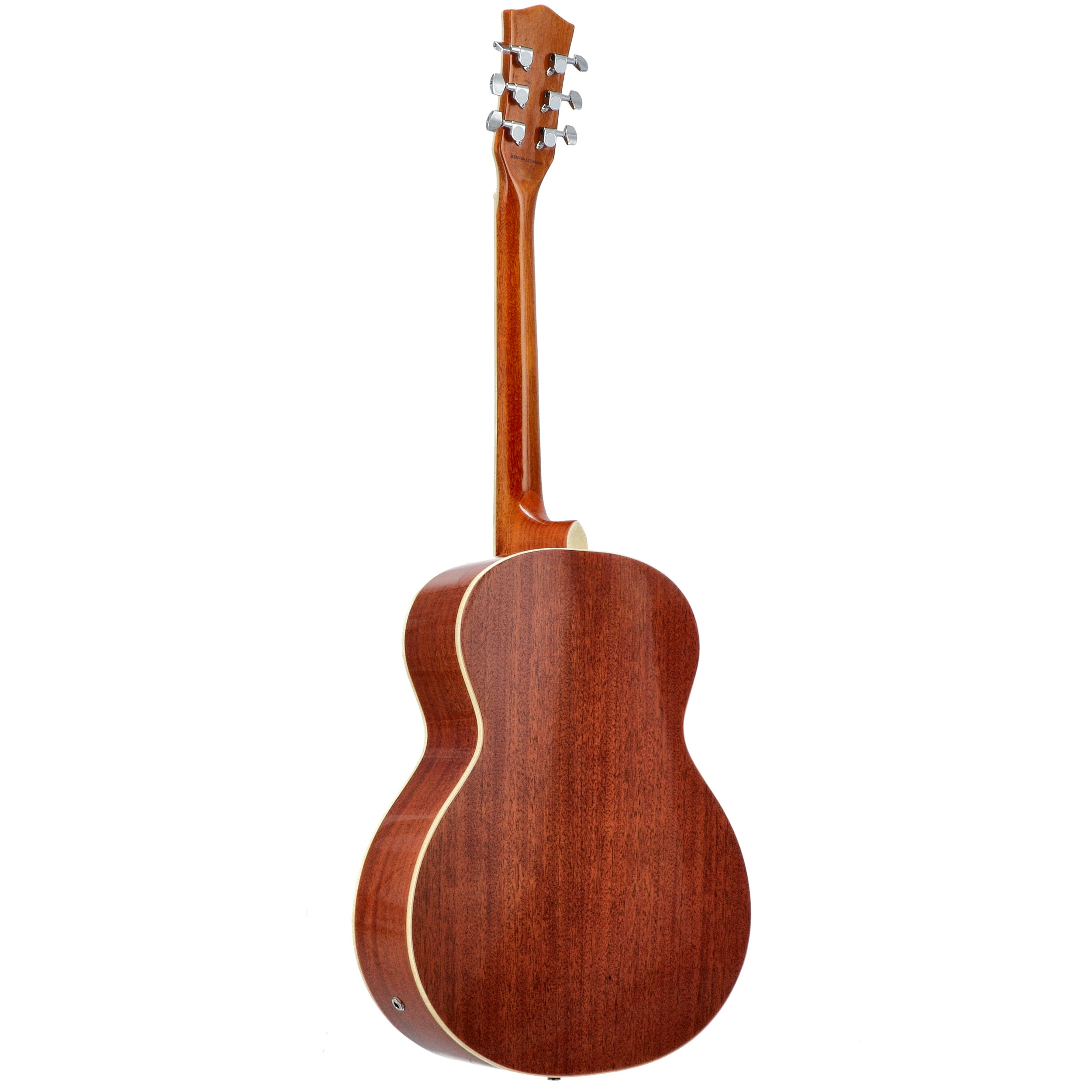 Achterkant van een bruine akoestische gitaar met zilveren stemmechanieken op de kop.