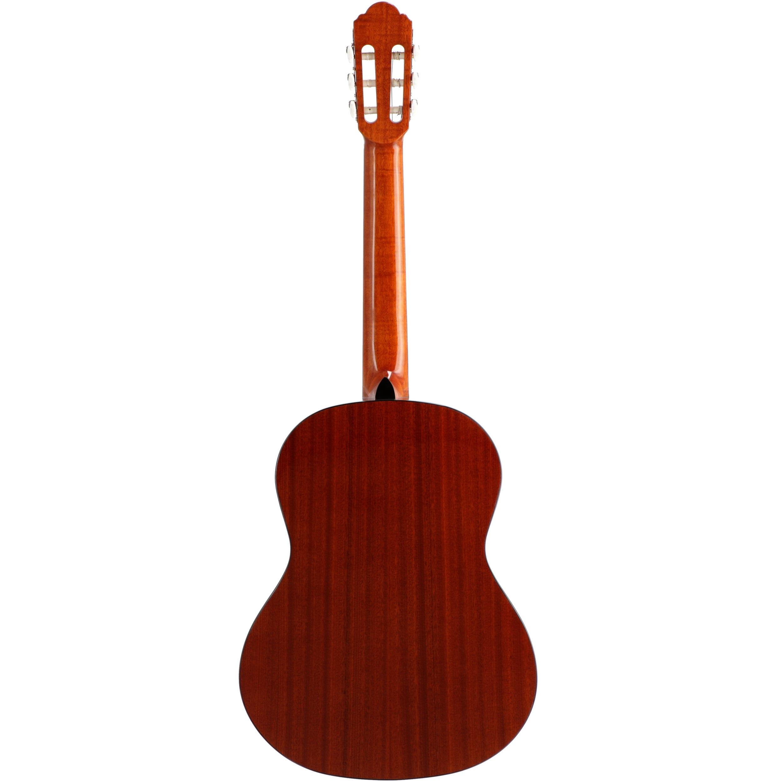 Achterkant van een bruine akoestische gitaar met hals en stemknoppen.