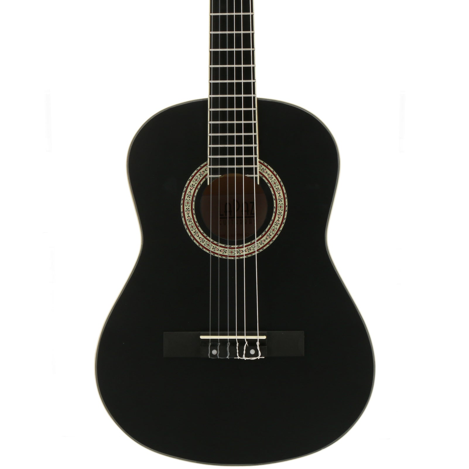 Zwarte akoestische gitaar met zes snaren en decoratieve ring rond klankgat.