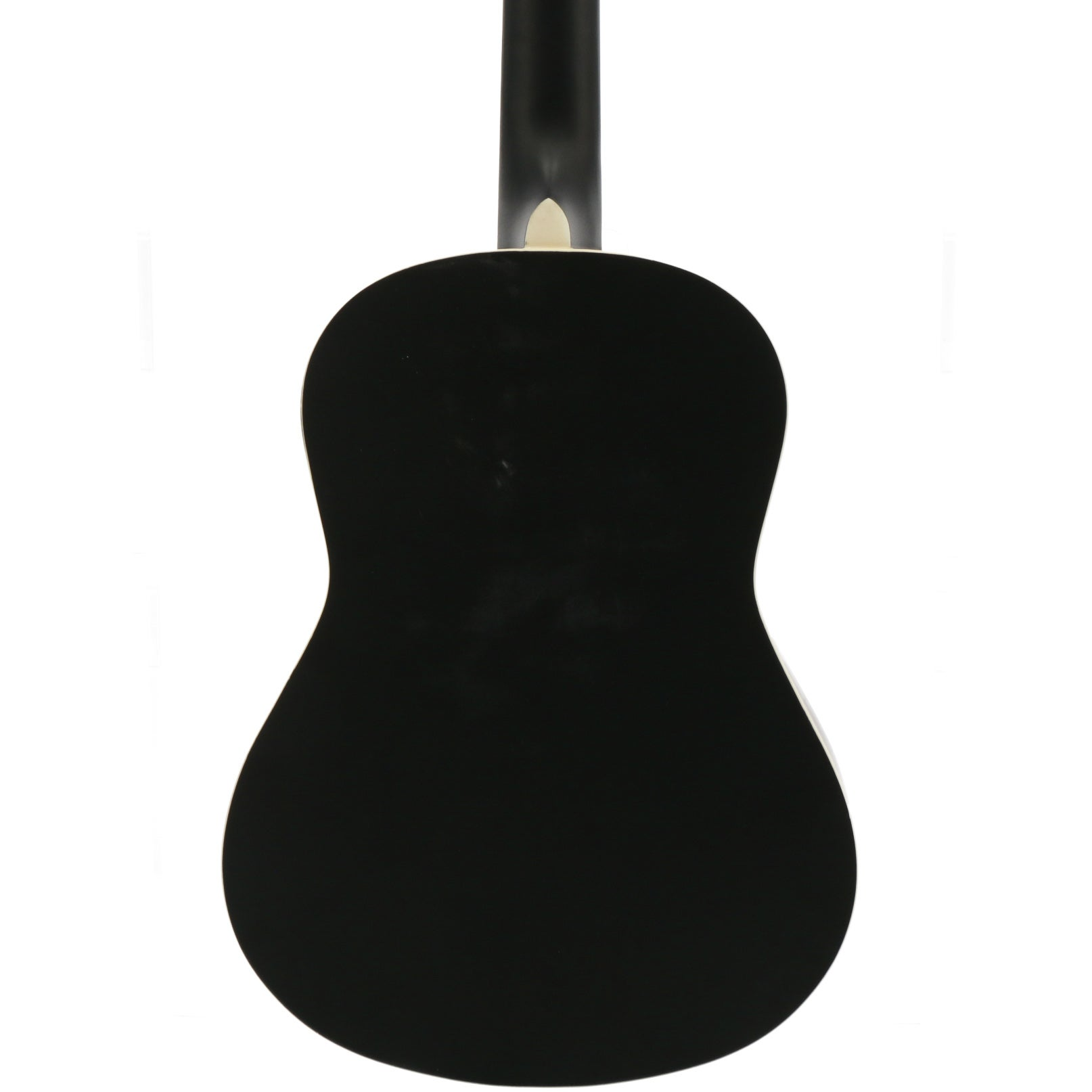 Achterkant van een zwarte akoestische gitaar met witte binding, op witte achtergrond.