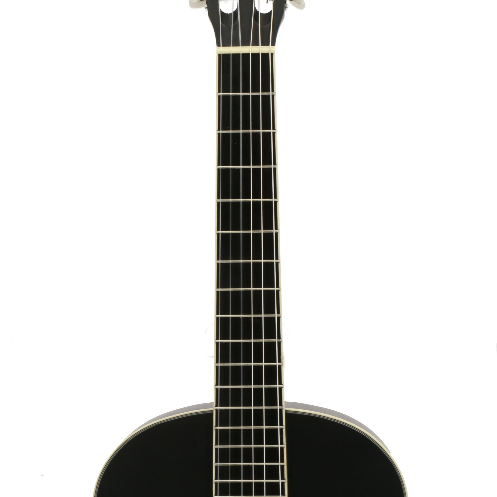 Close-up van een zwarte gitaarhals met snaren en frets.