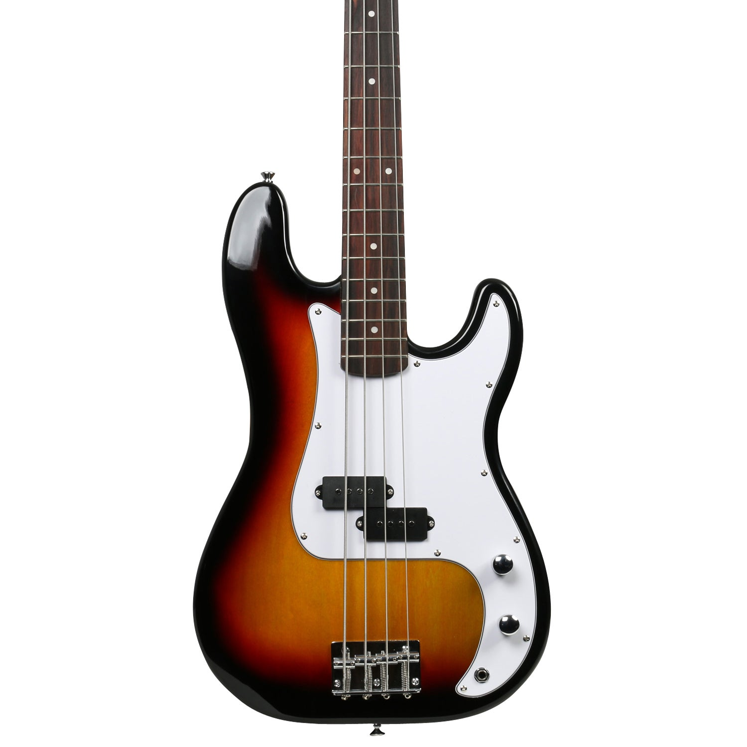 A sunburst electric bass guitar with a white pickguard and four strings.