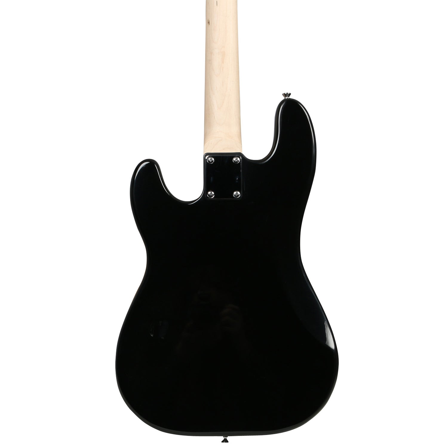Back of a black electric guitar with a light wood neck, white background.