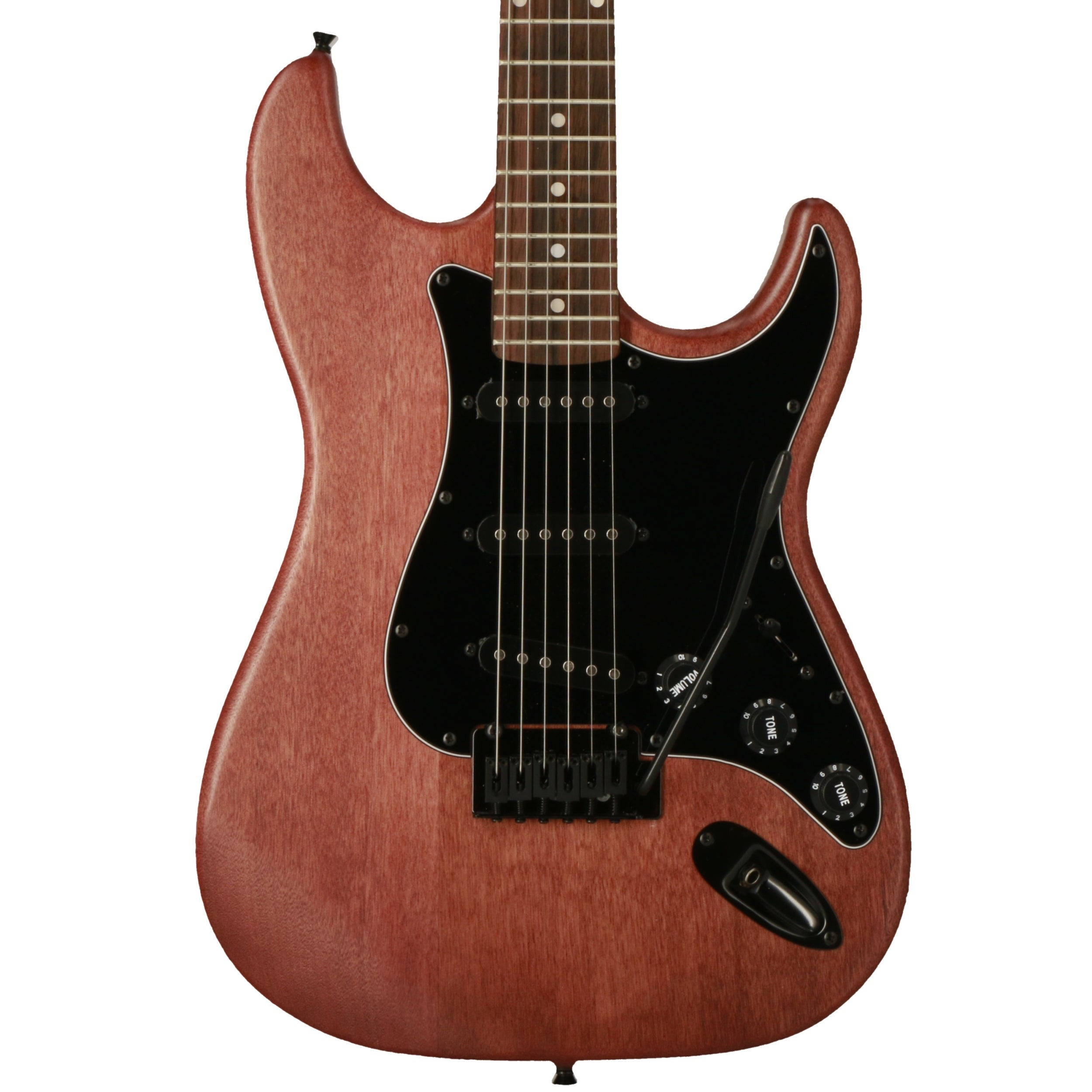 Een bruine elektrische gitaar met zwart slagplaat, pickups en regelknoppen.