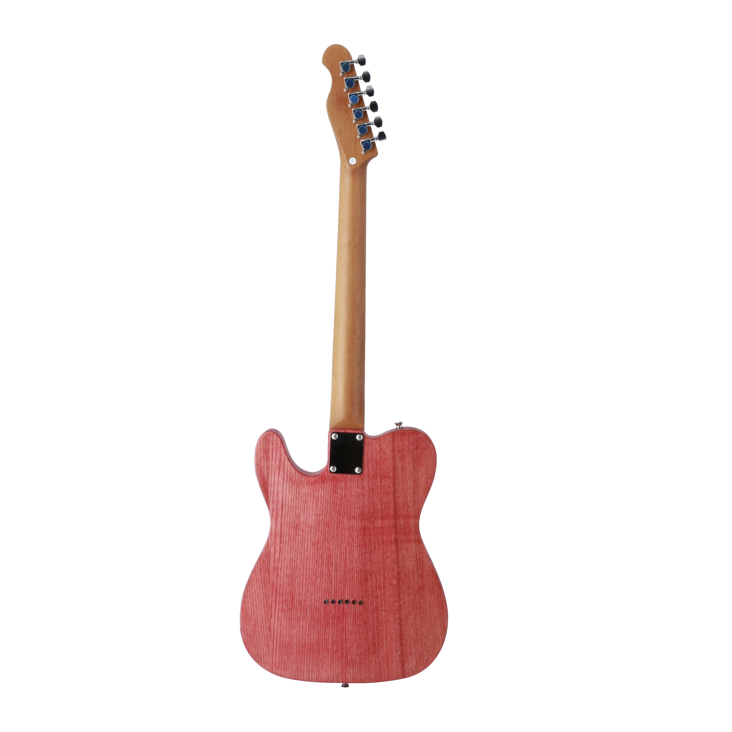 Rode Telecaster gitaar van achteren, met houtnerf en zes snaardoorvoeren.