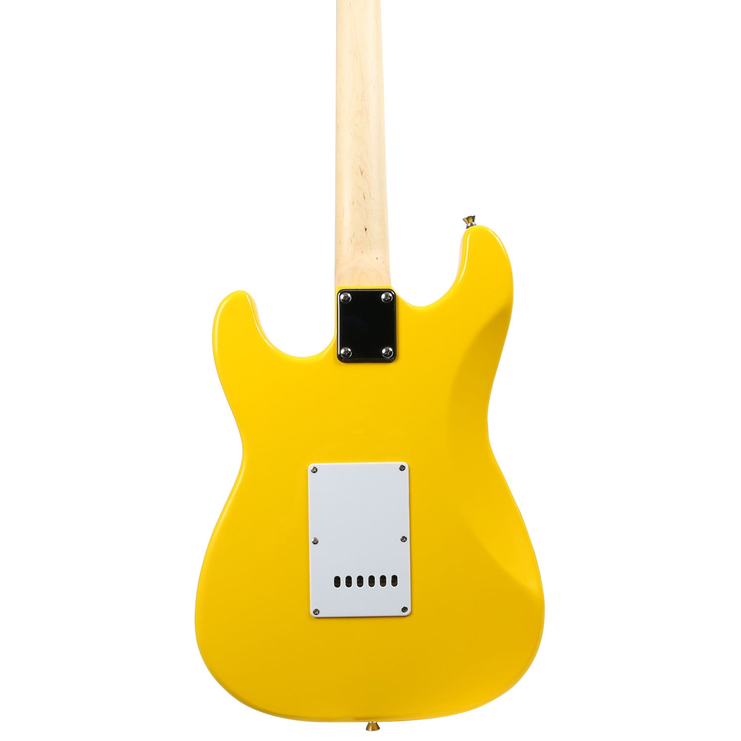 Achterkant van een gele elektrische gitaar met licht houten hals en witte afdekplaat.