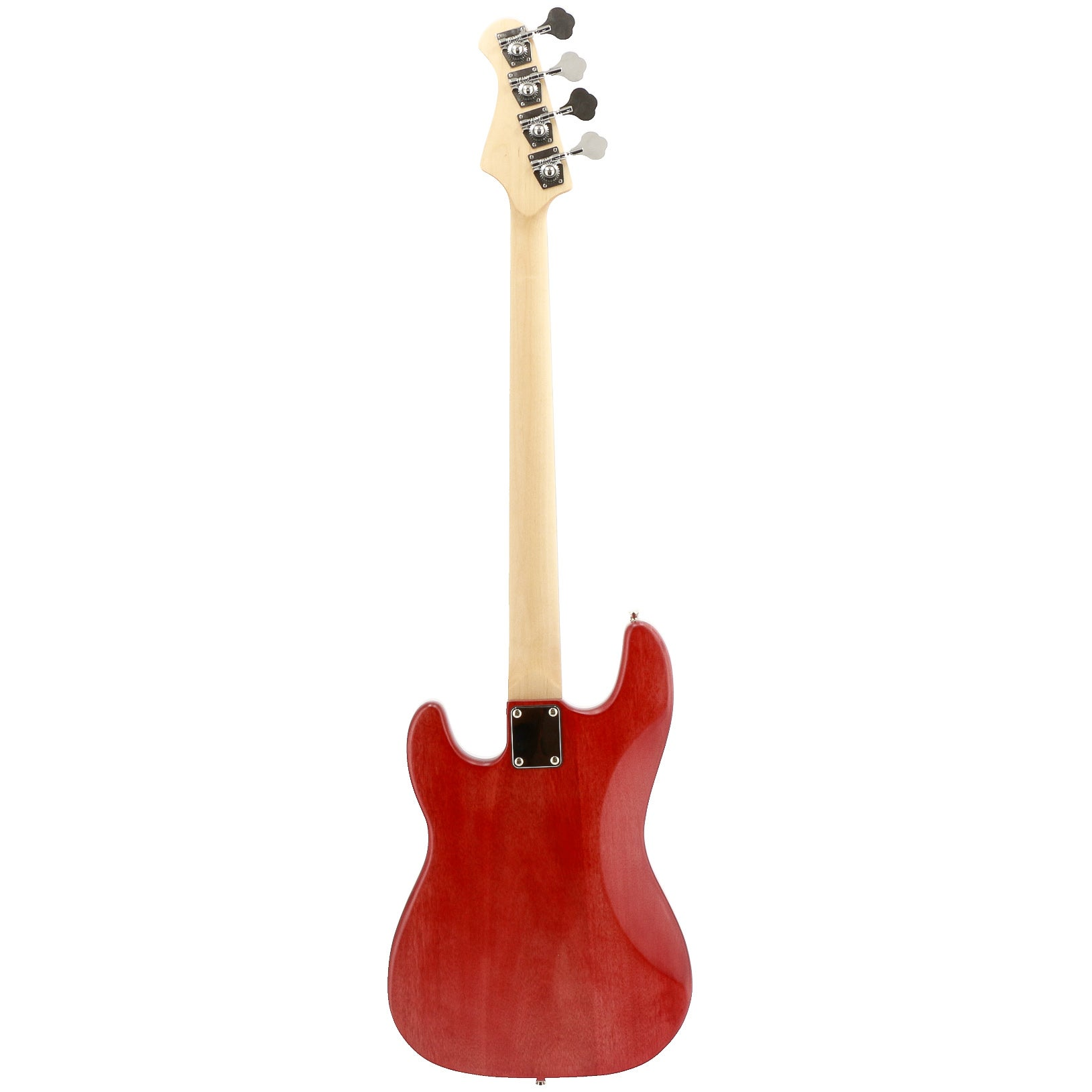 Back view of a red bass guitar with a light wood neck and silver tuning pegs.